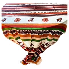 Vintage Boussac France Linen Blend Dorado Textile, Red, White, Green, Brown, 1970s