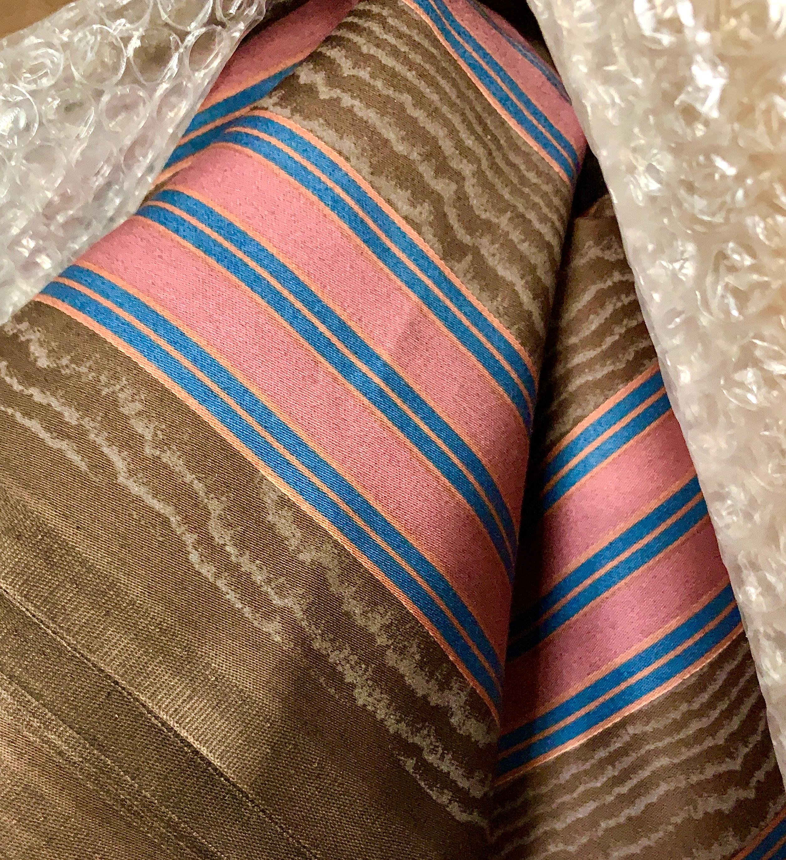 Boussac pink, blue, brown striped Woodgrain “Kim’ Textile, France, 1982. Purchased for over 75 dollars per yard in 1982 (which is 200+ USD per yard in 2020).  Appears to be a luscious silk blend. Gorgeous silky drape, yet substantial in weight. 