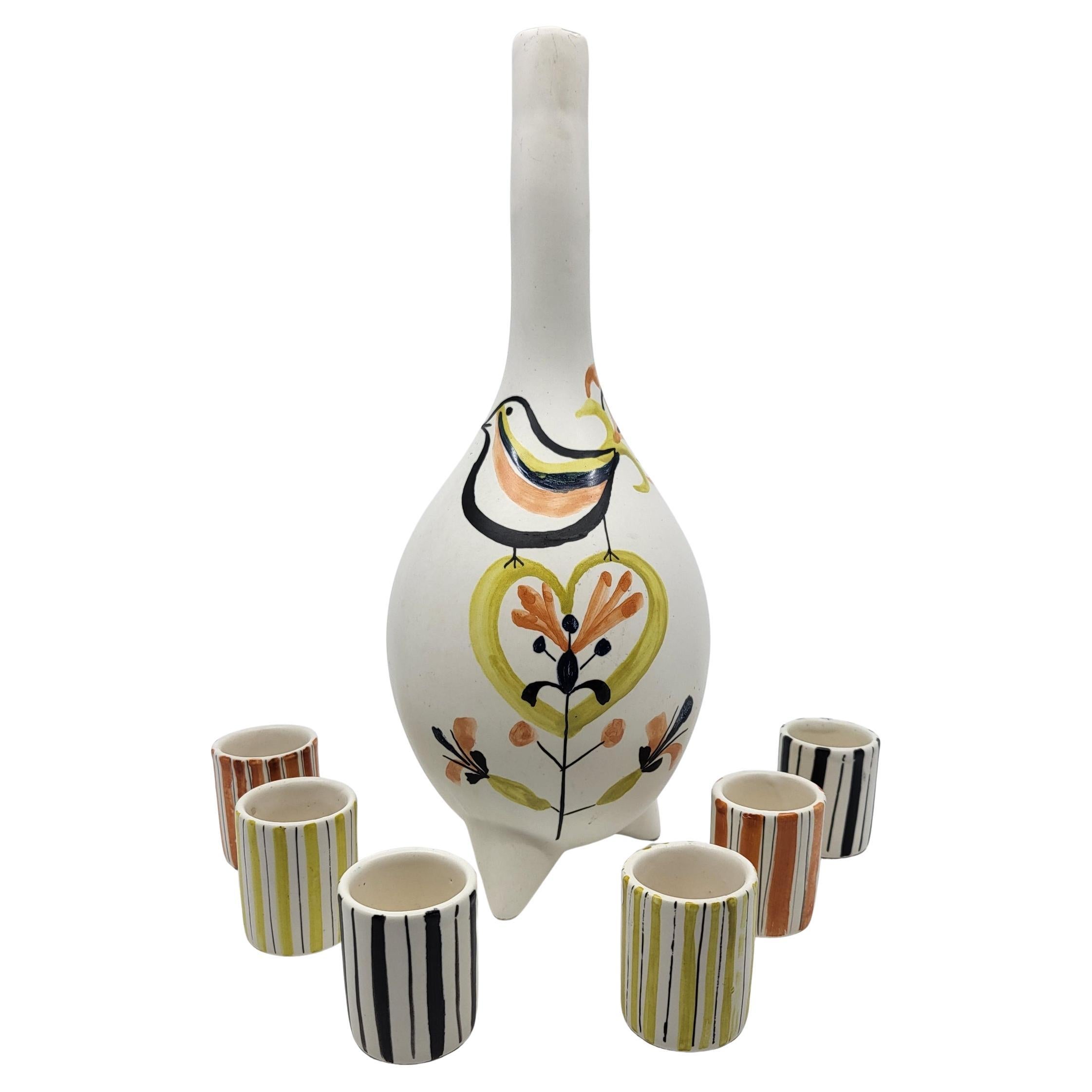 Bouteille et godets de Roger Capron en céramique Francaise French Riviera 1950 Provincial francés en venta