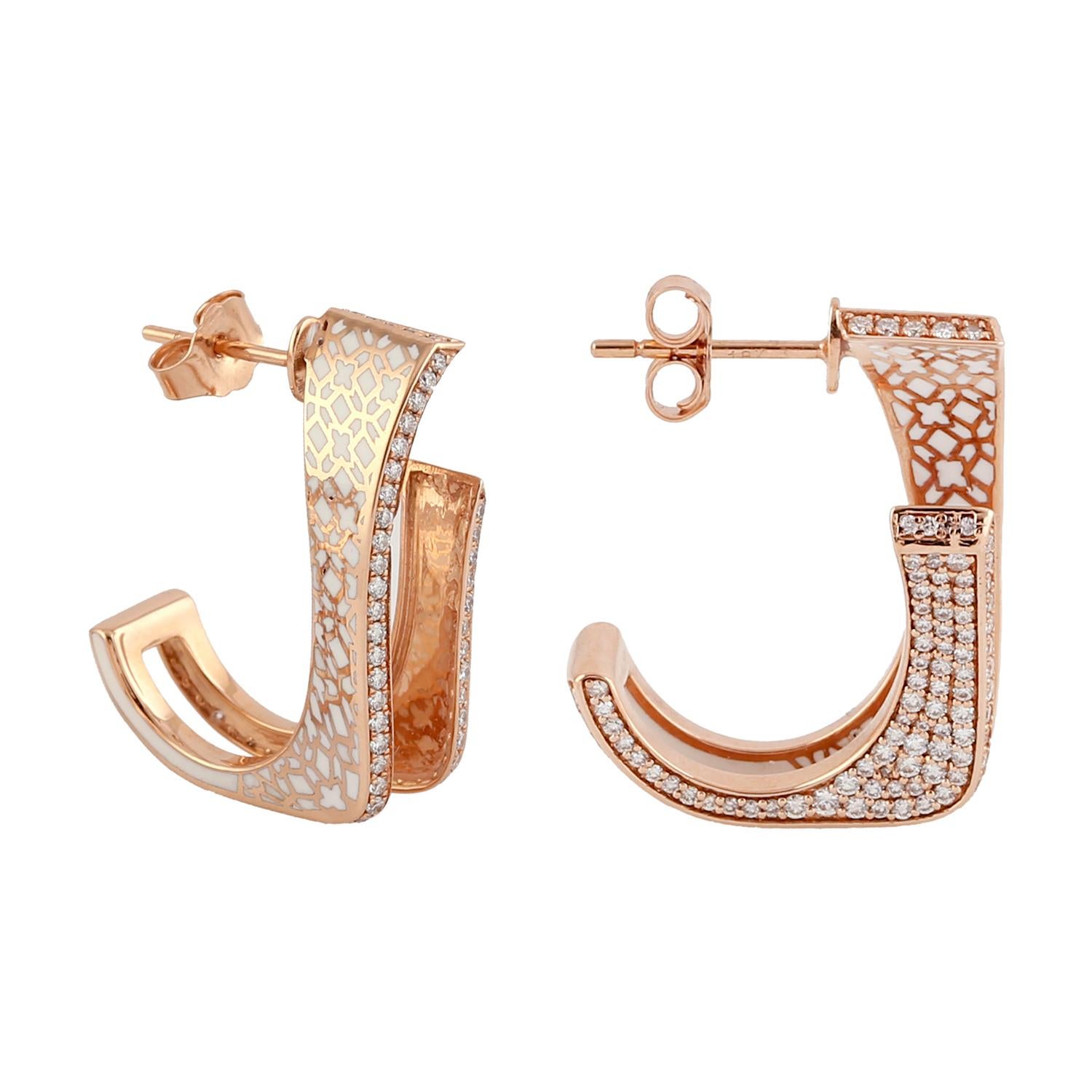 Art Deco Boutique Ceramic Tile Pattern in a Hook Shape Hoop Earring Made in 18k Rose Gold For Sale
