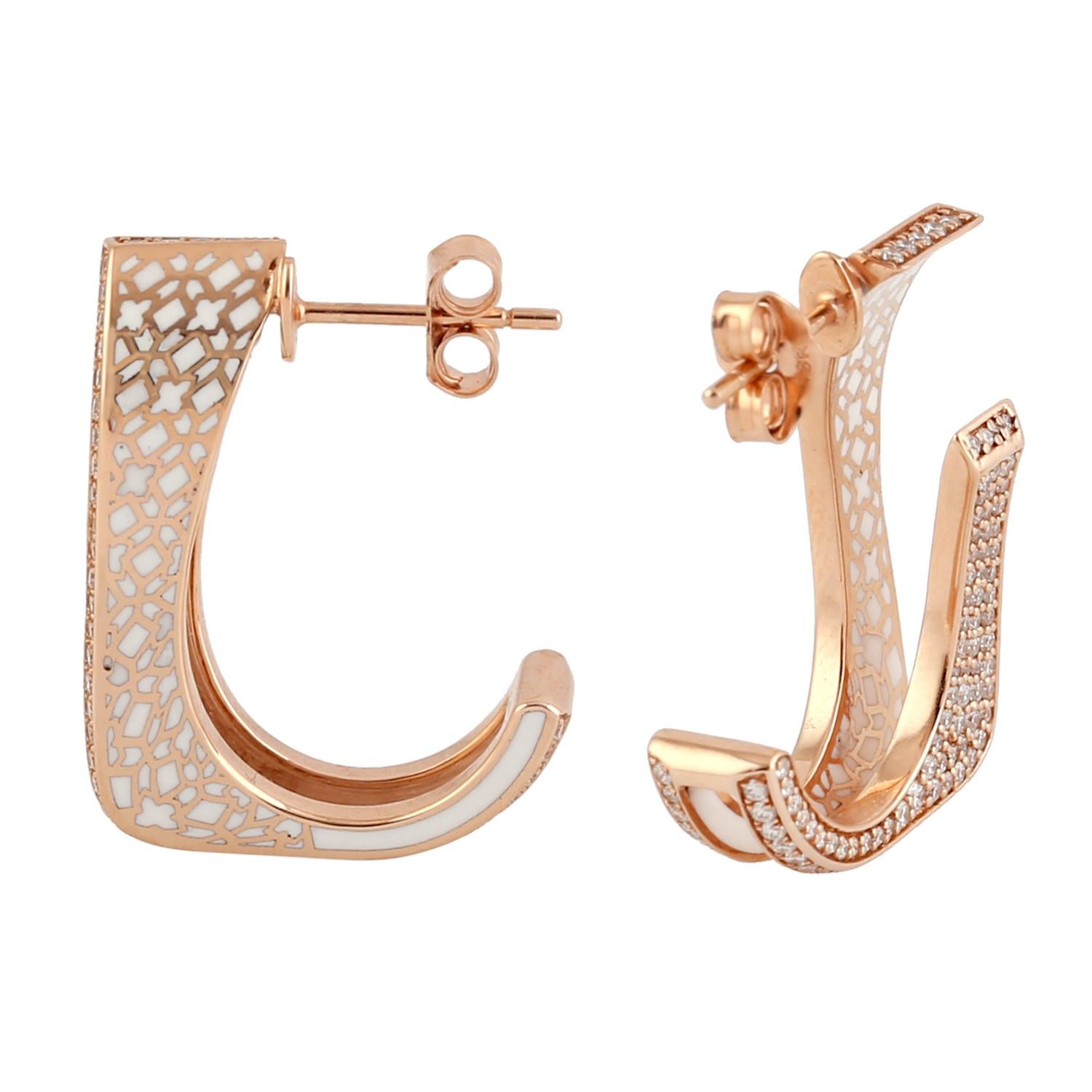 Mixed Cut Boutique Ceramic Tile Pattern in a Hook Shape Hoop Earring Made in 18k Rose Gold For Sale