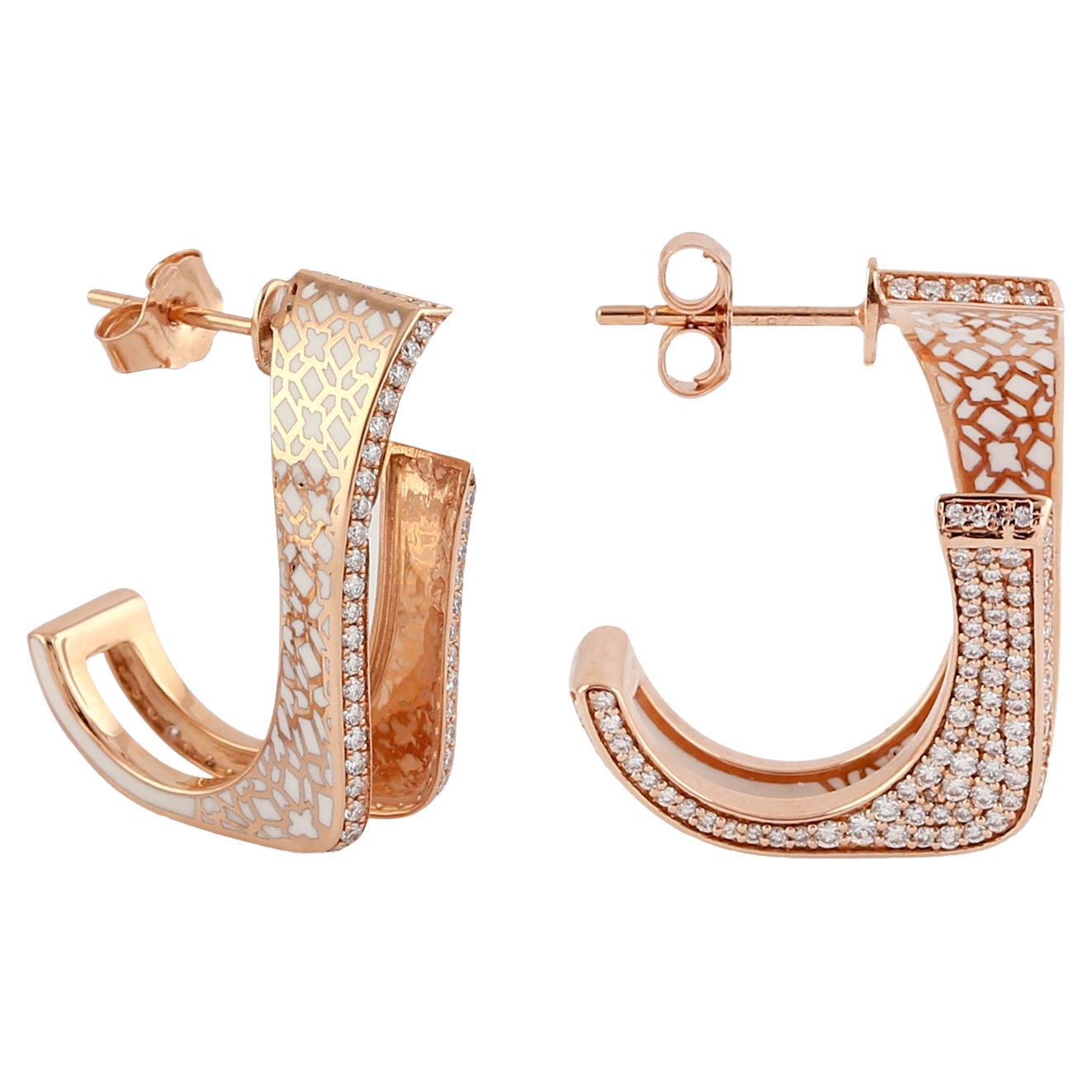 Boutique Ceramic Tile Pattern in a Hook Shape Hoop Earring Made in 18k Rose Gold For Sale