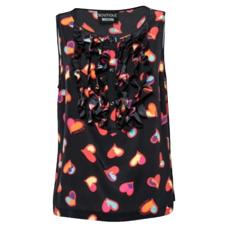 Boutique Moschino Negro Estampado Corazón Seda Volantes Delantero Top L