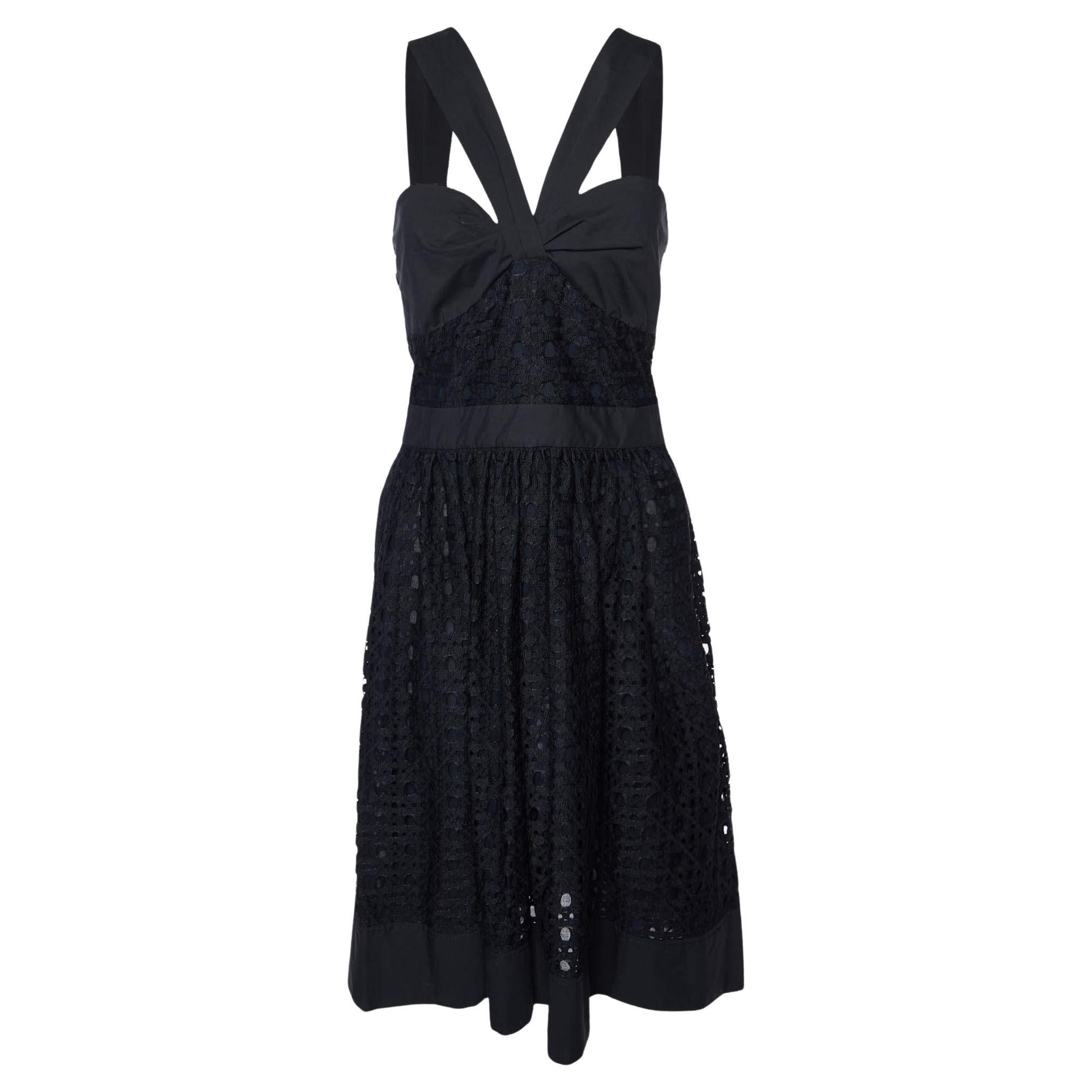 Boutique Moschino Black Lace Gathered Neck Dress M For Sale