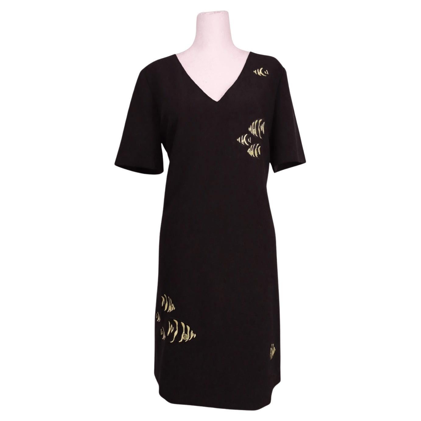 Boutique Moschino Black V-Neck Dress with Gold Print - US 12 / EU 42