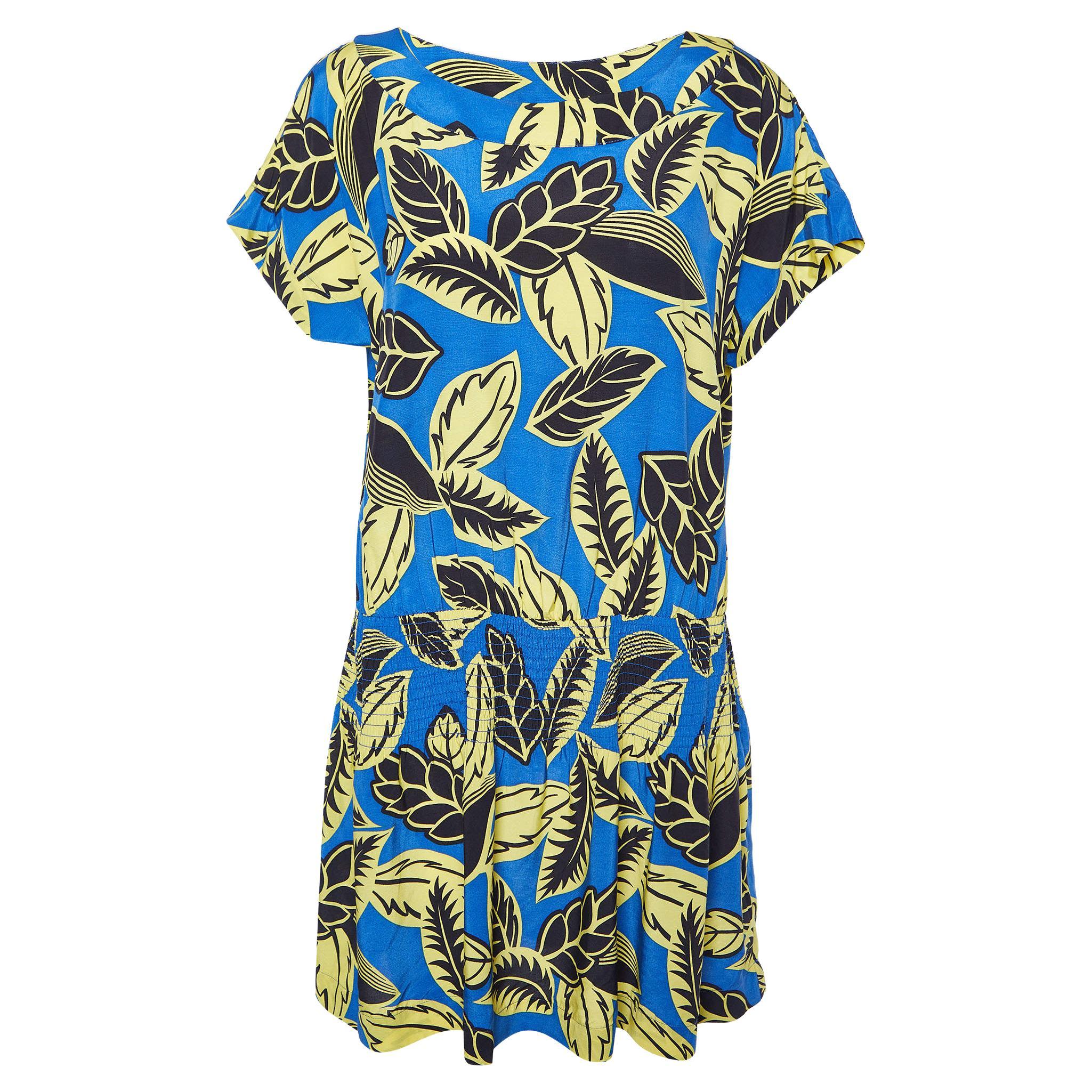 Boutique Moschino Blue Printed Rayon Shirred Detail Mini Dress S