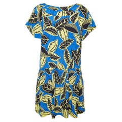 Used Boutique Moschino Blue Printed Rayon Shirred Detail Mini Dress S