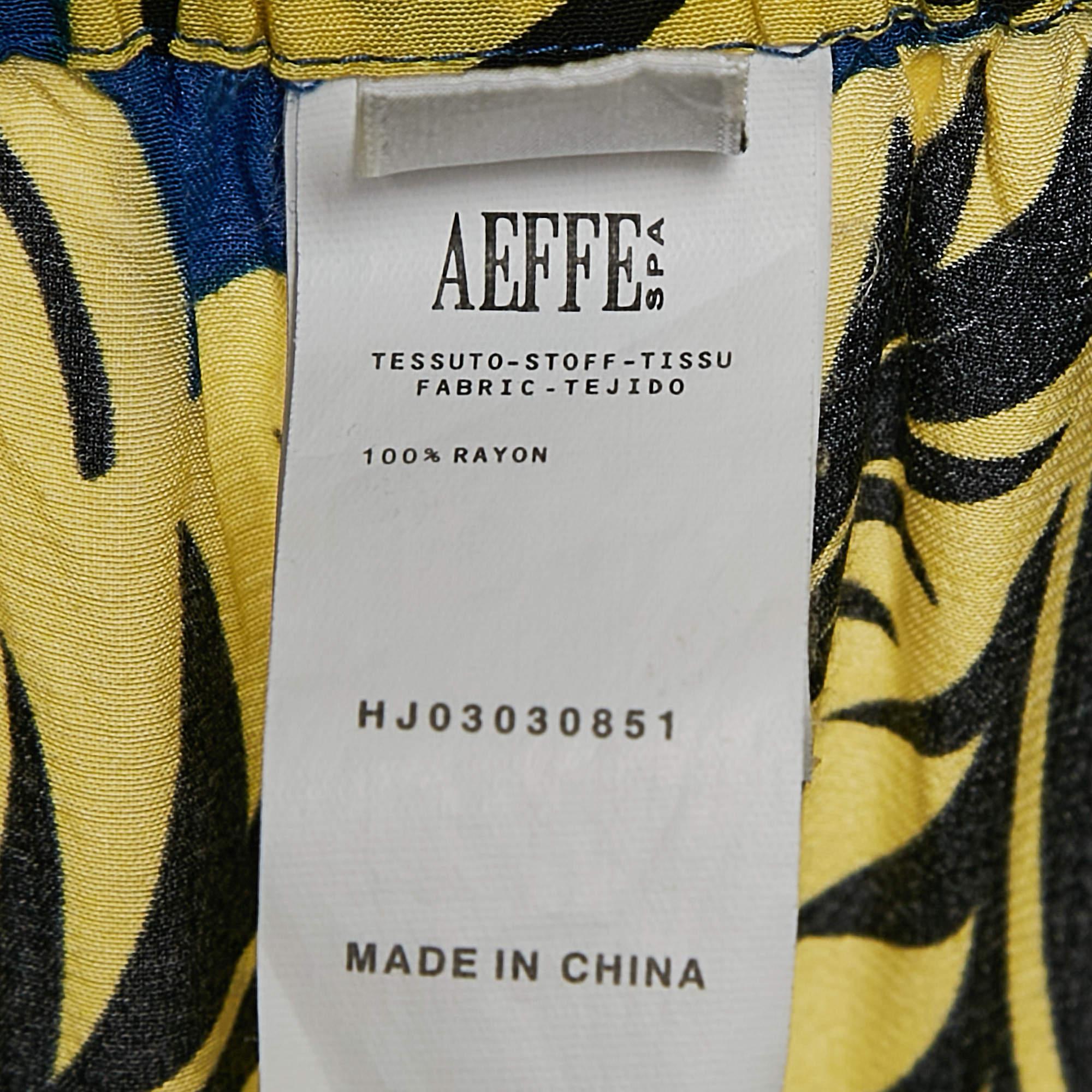 Boutique Moschino Blue/Yellow Leaf Print Crepe Trousers M For Sale 1