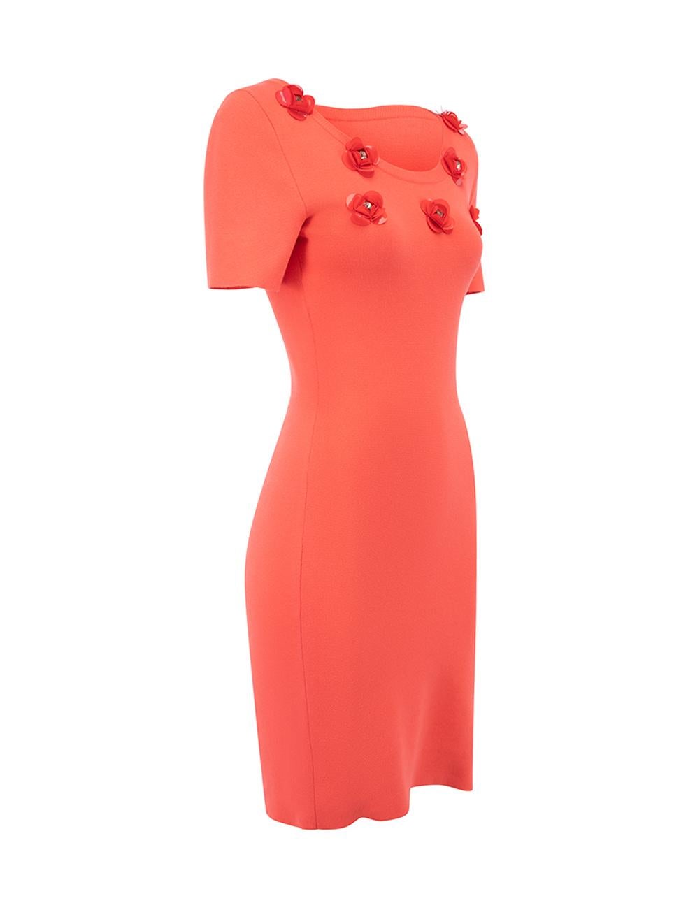 CONDITION is Very good. Minimal wear to dress is evident. Minimal wear to the sequins flowers which look a little discoloured on this used Boutique Moschino designer resale item. 
 
 Details
  Coral
 Synthetic
 Mini dress
 Round neckline
 Floral