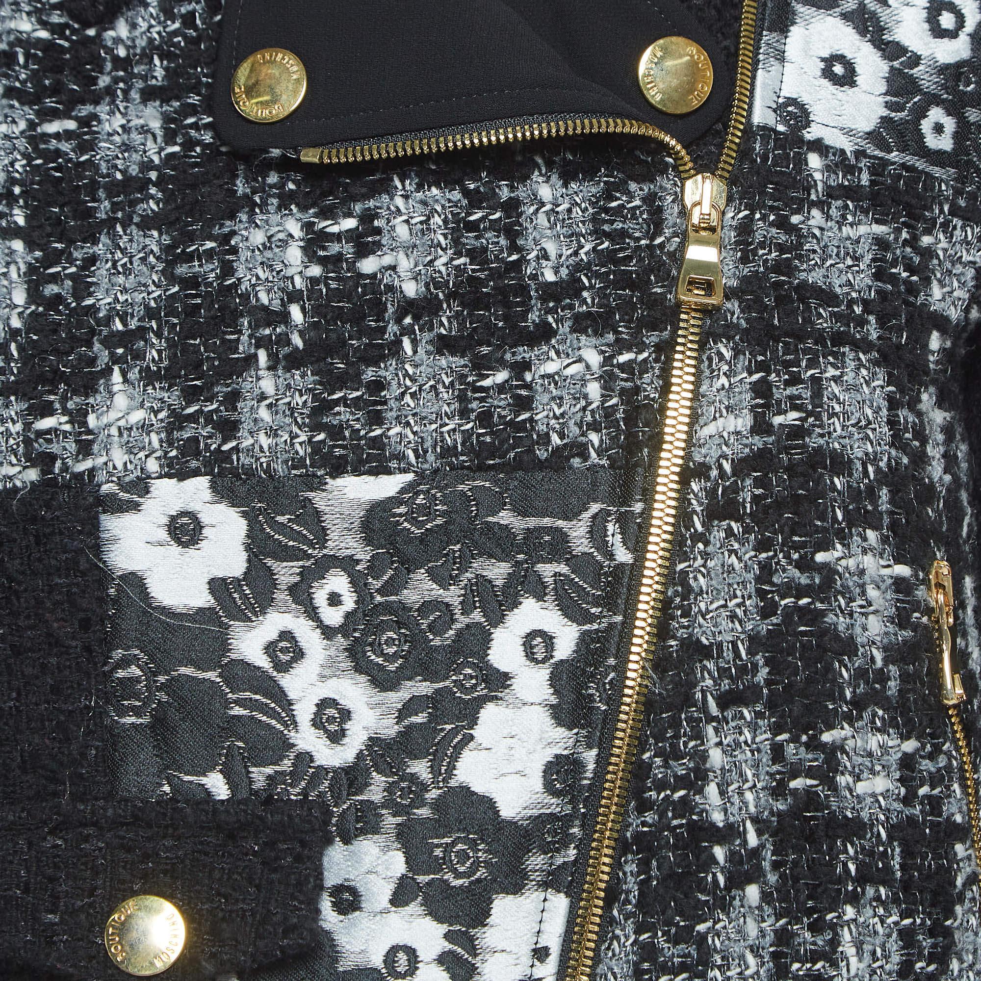 Black Boutique Moschino Monochrome Jacquard Trim Tweed Zipper Jacket M