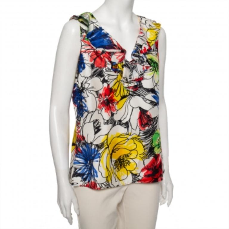 Boutique Moschino Mehrfarbiges ärmelloses Top mit geraffter Vorderseite und Blumendruck, L (Beige) im Angebot