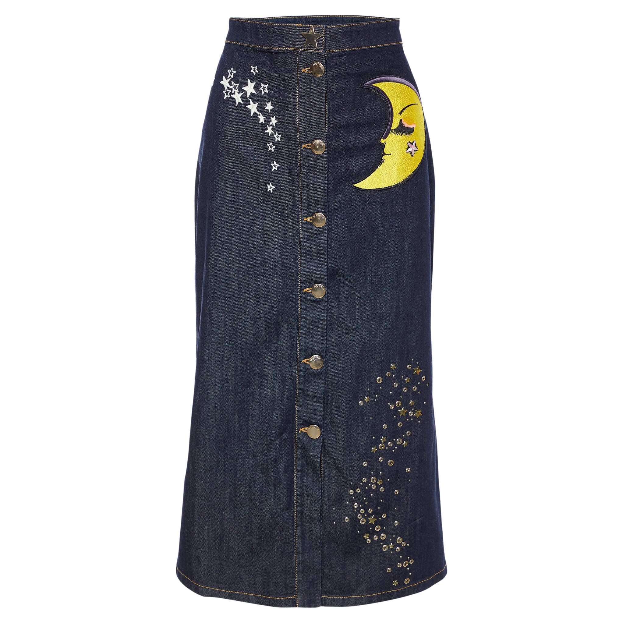 Boutique Moschino Navy Blue Denim Star & Moon Detail Midi Skirt L