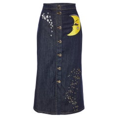 Boutique Moschino Azul Marino Denim Detalle Estrella y Luna Falda Midi L