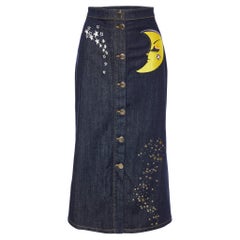 Boutique Moschino Navy Blue Denim Star & Moon Detail Midi Skirt L