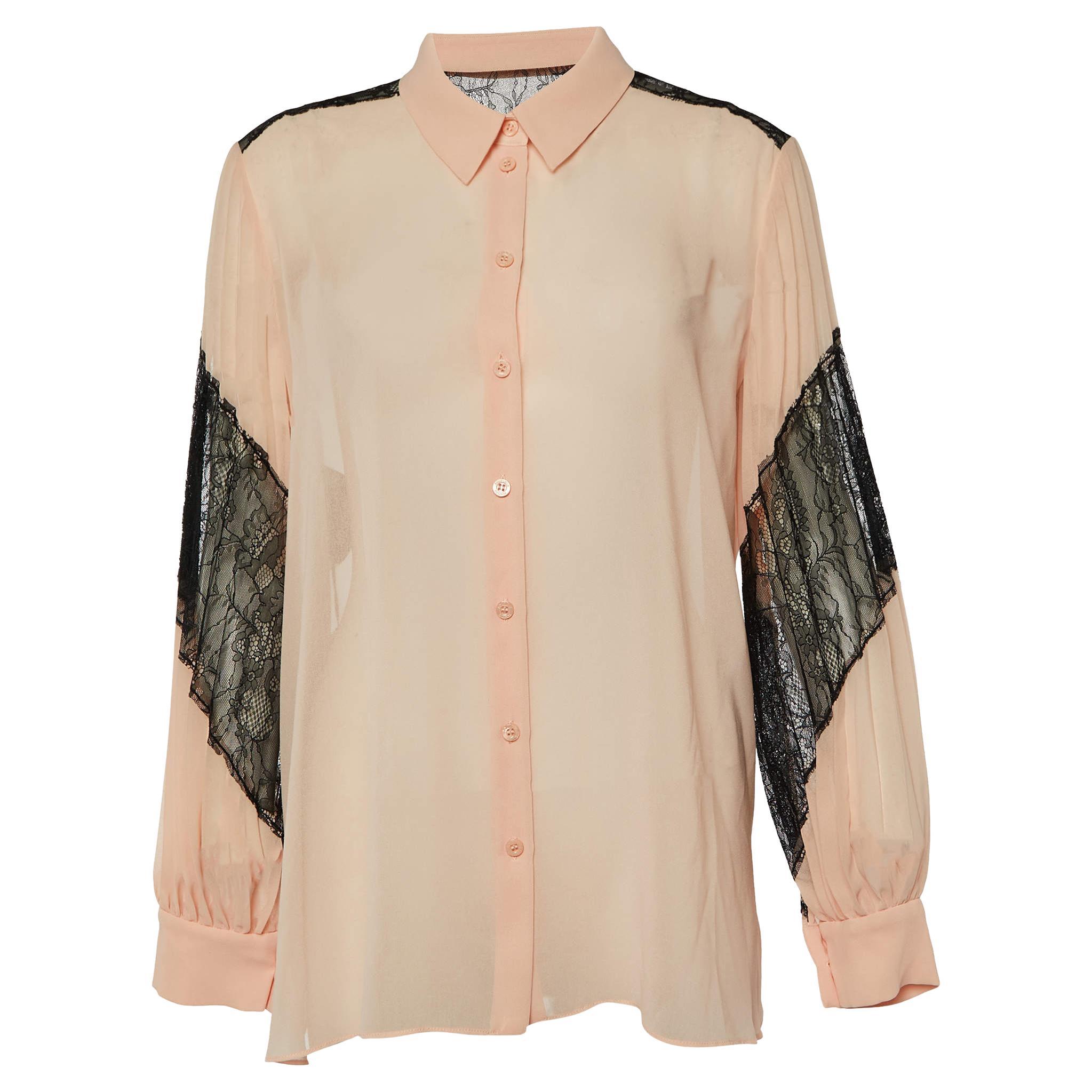 Boutique Moschino Pink Chiffon & Lace Detail Plisse Sleeve Shirt M For Sale