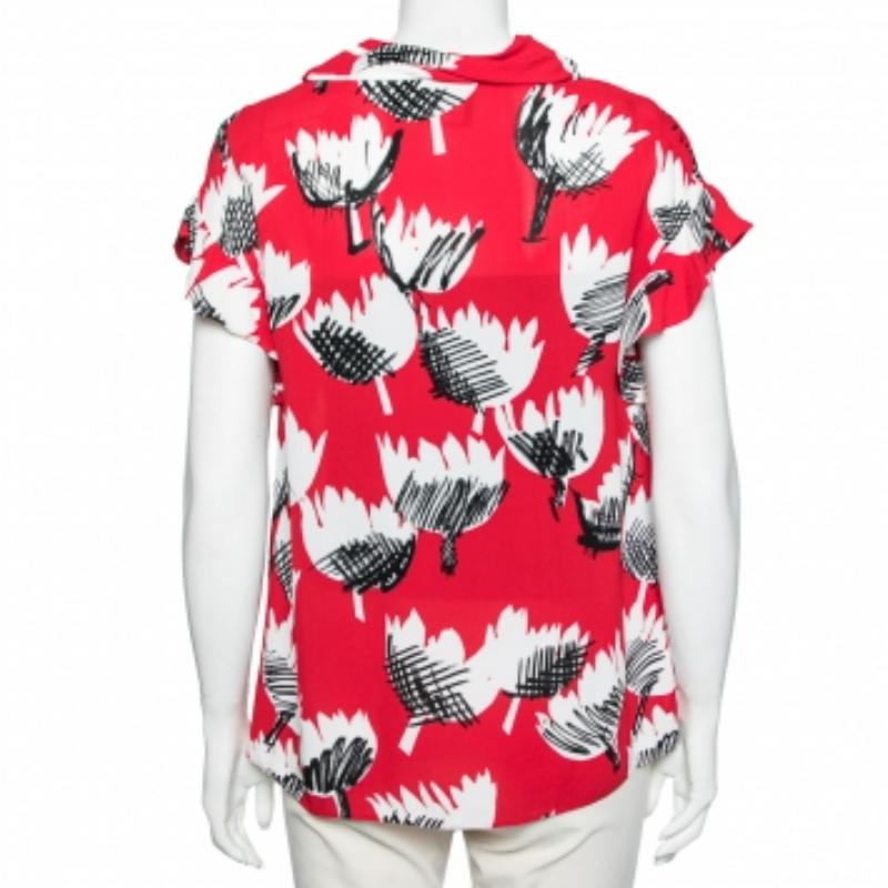 Boutique Moschino Rojo Estampado Crepé Ruffle Cap Sleeves Top S en venta 1
