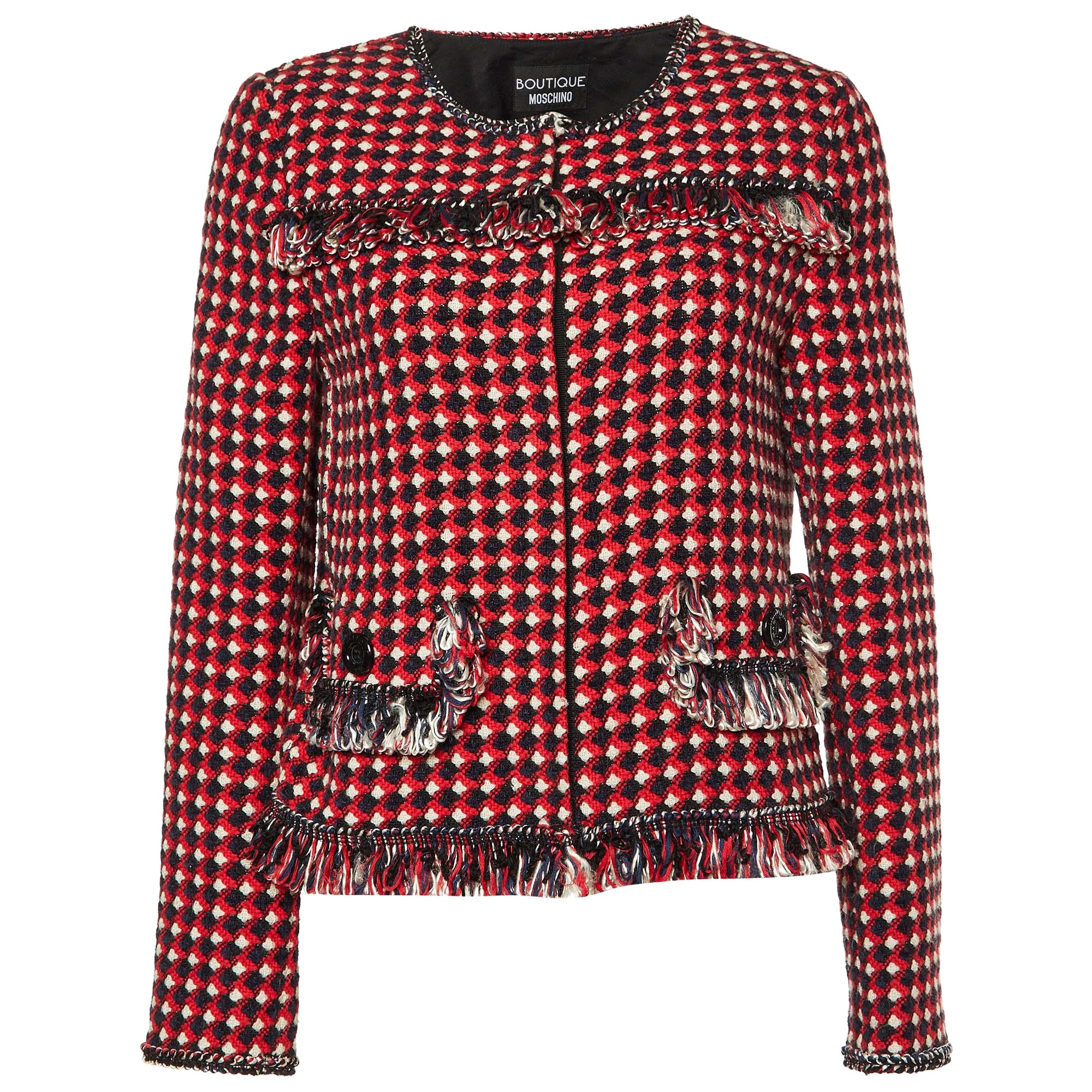 Boutique Moschino Red Tweed Fringed Jacket M