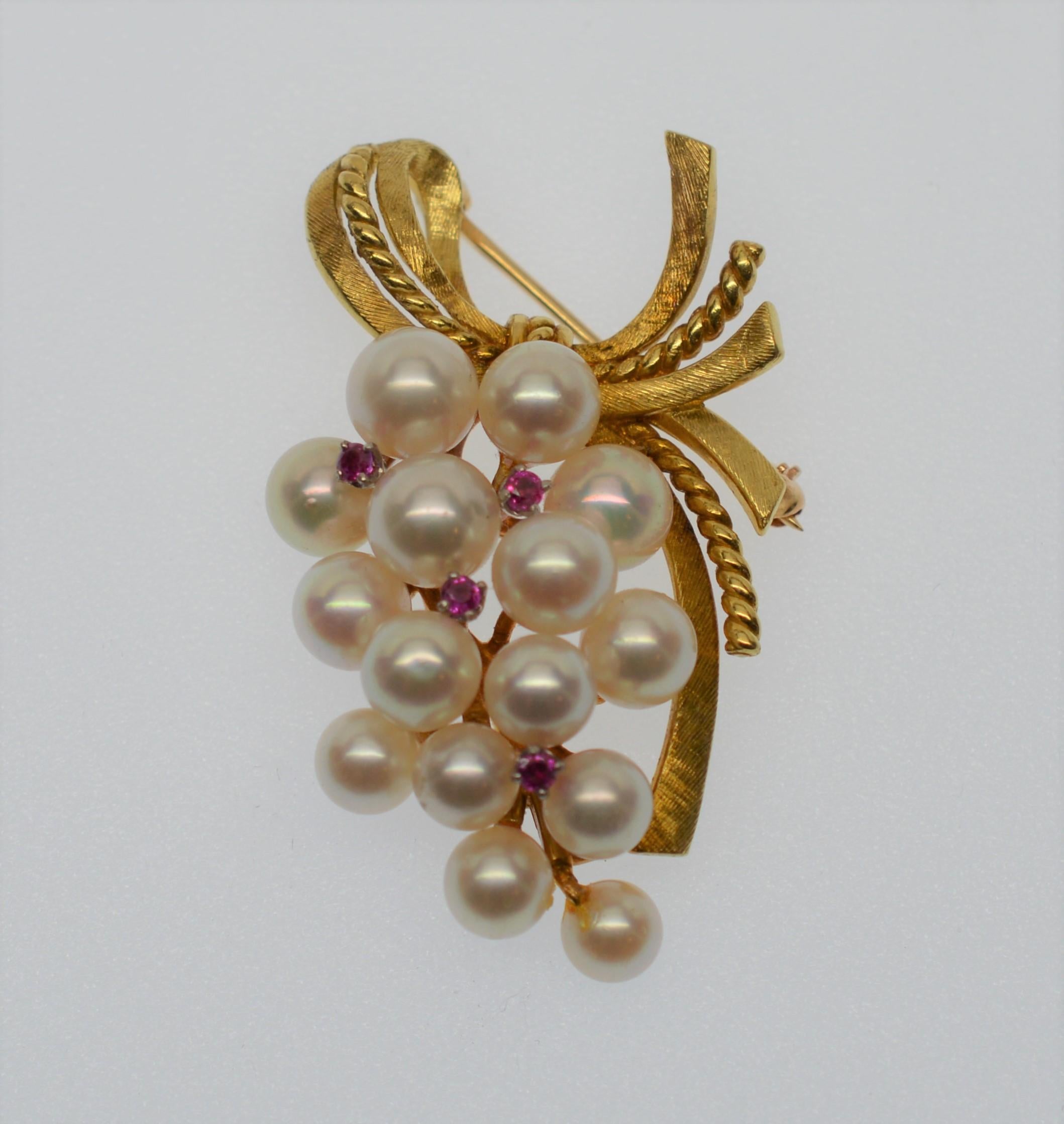 Round Cut Floral Pearl Spray Yellow Gold Brooch with Ruby Accents  For Sale