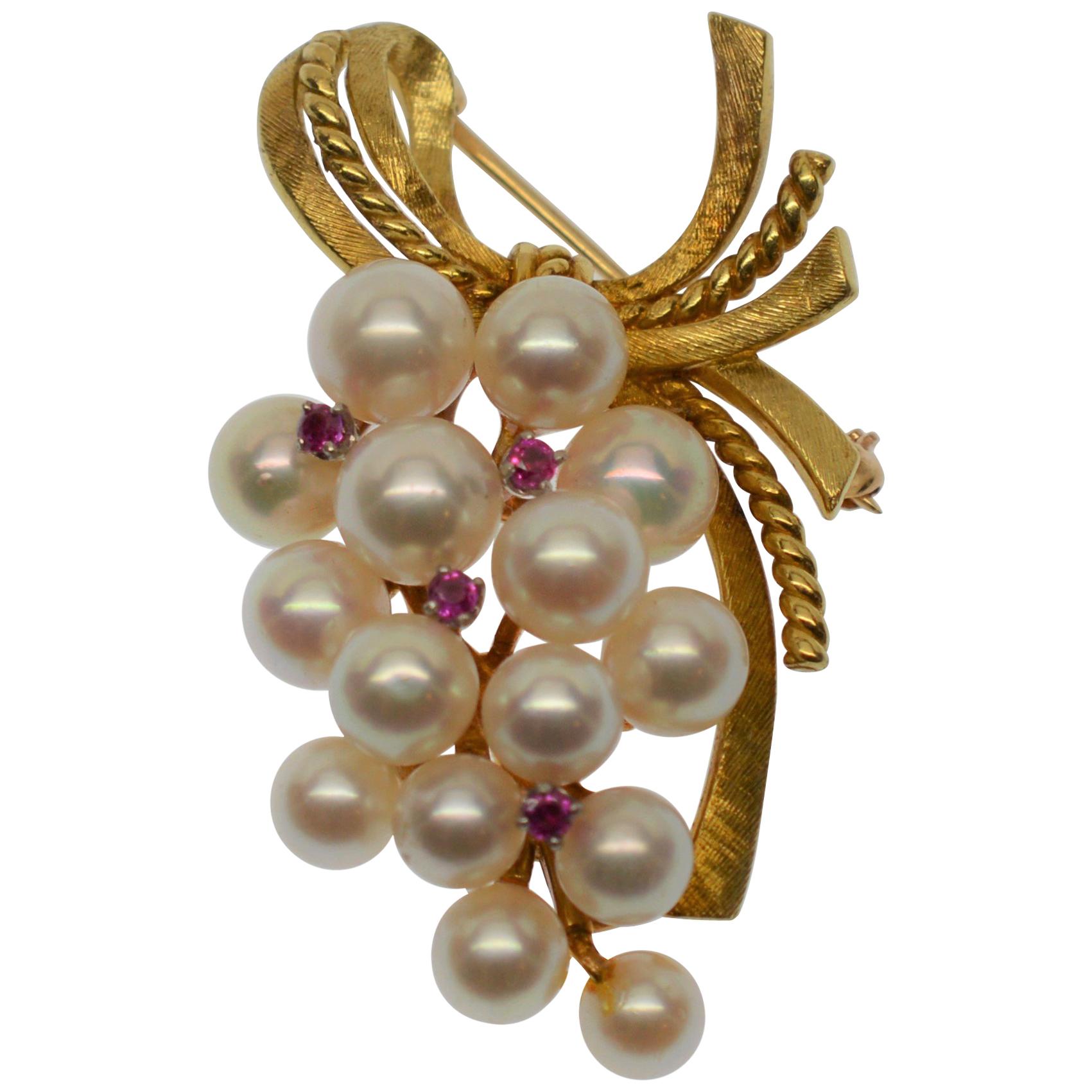Floral Pearl Spray Yellow Gold Brooch with Ruby Accents 