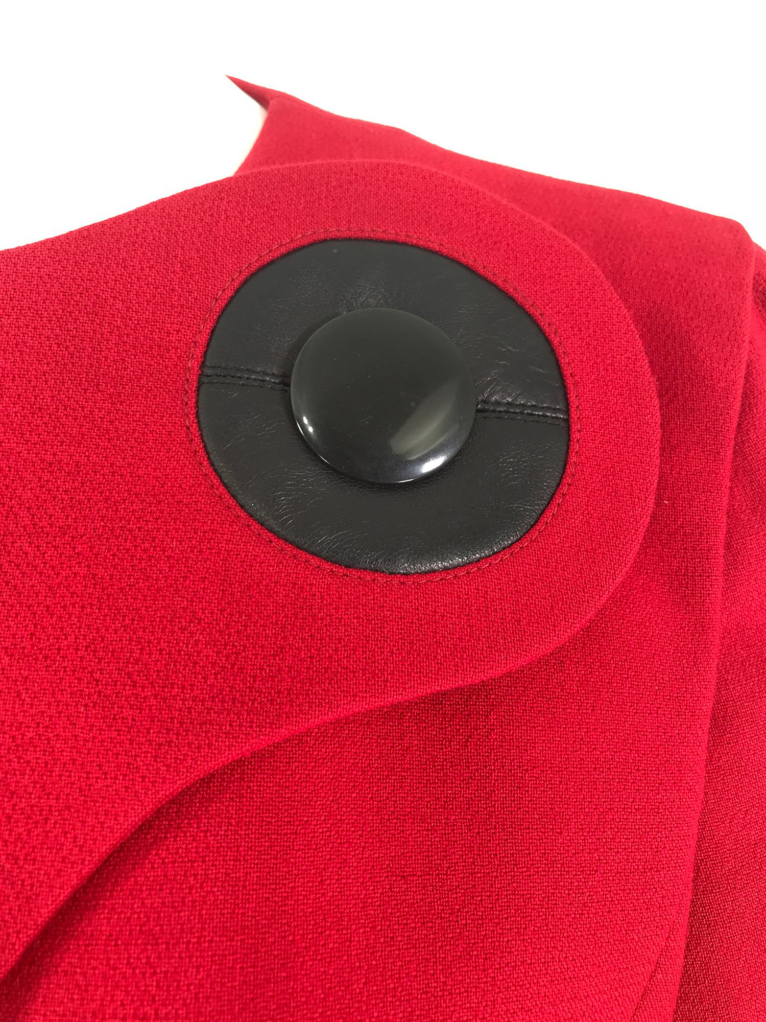 Boutique Pierre Cardin Paris red wool space age jacket 1960s, rare label. Red wool princess seam jacket with wrist length sleeves. The jacket has hip front on seam pockets. The Jacket curves to the top left side front forming a semi circle, set in