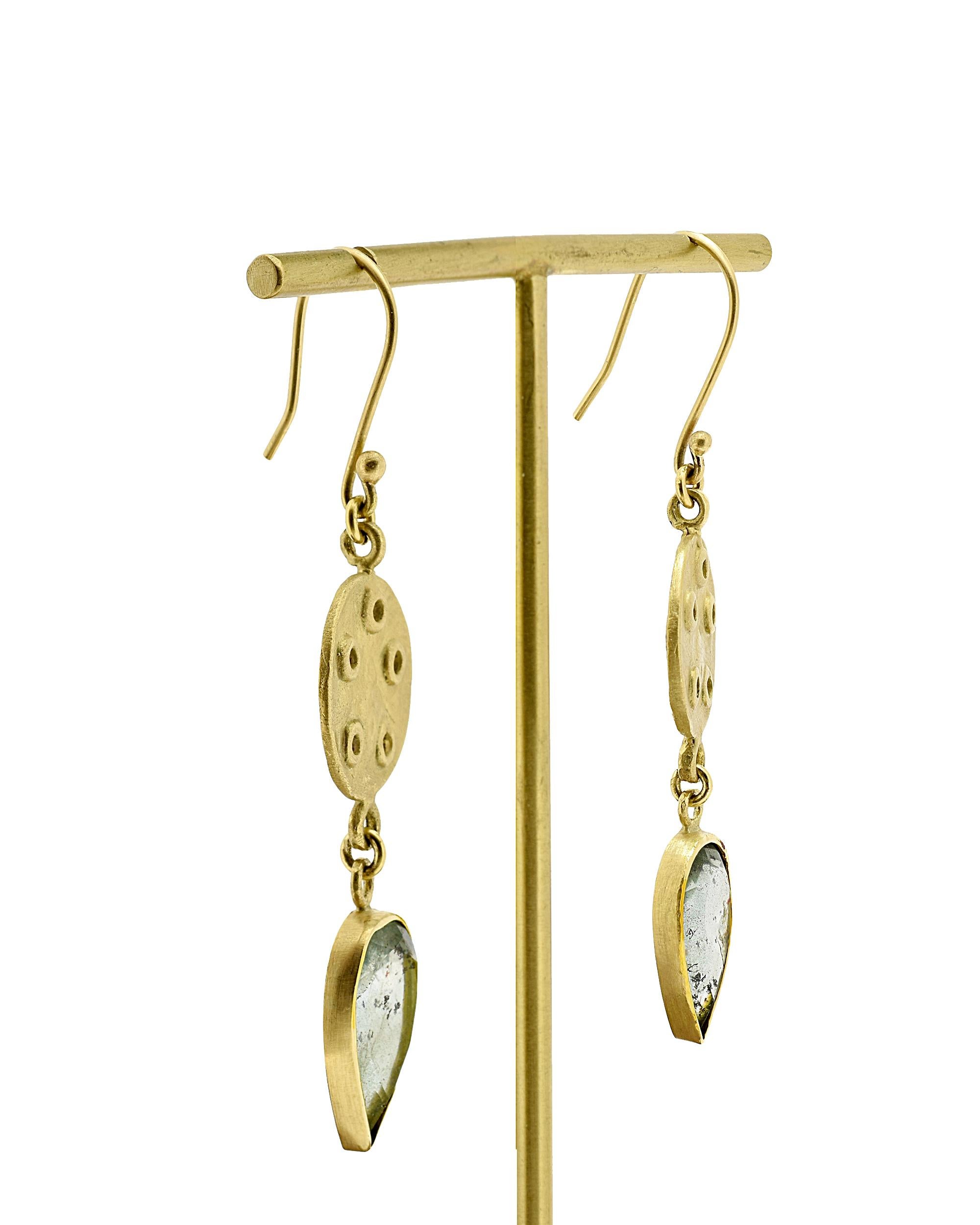 Pear Cut Moss Aquamarine Gold Earrings For Sale