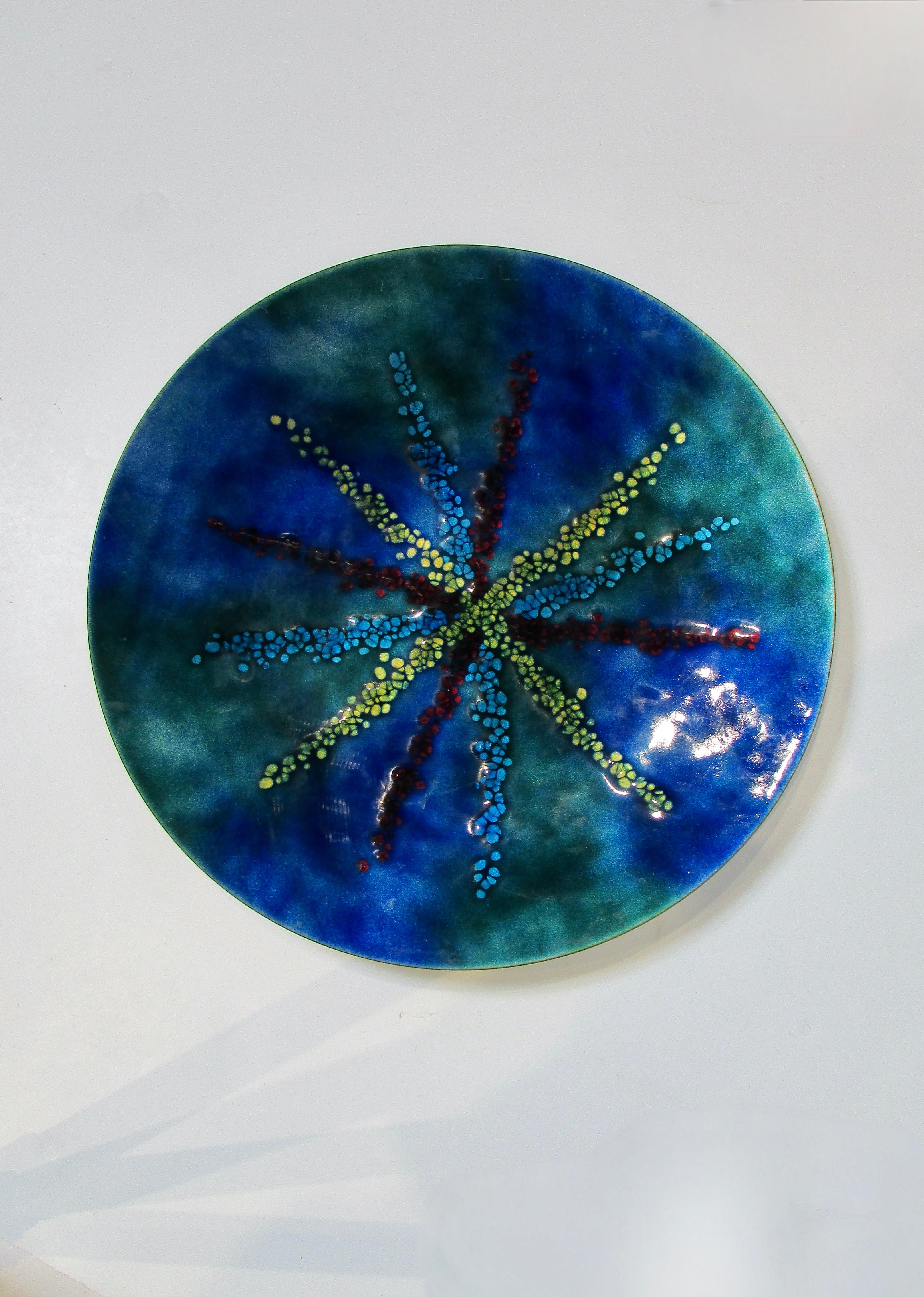 Glass Bovano bright iridescent fused glass on copper charger or serving try  For Sale