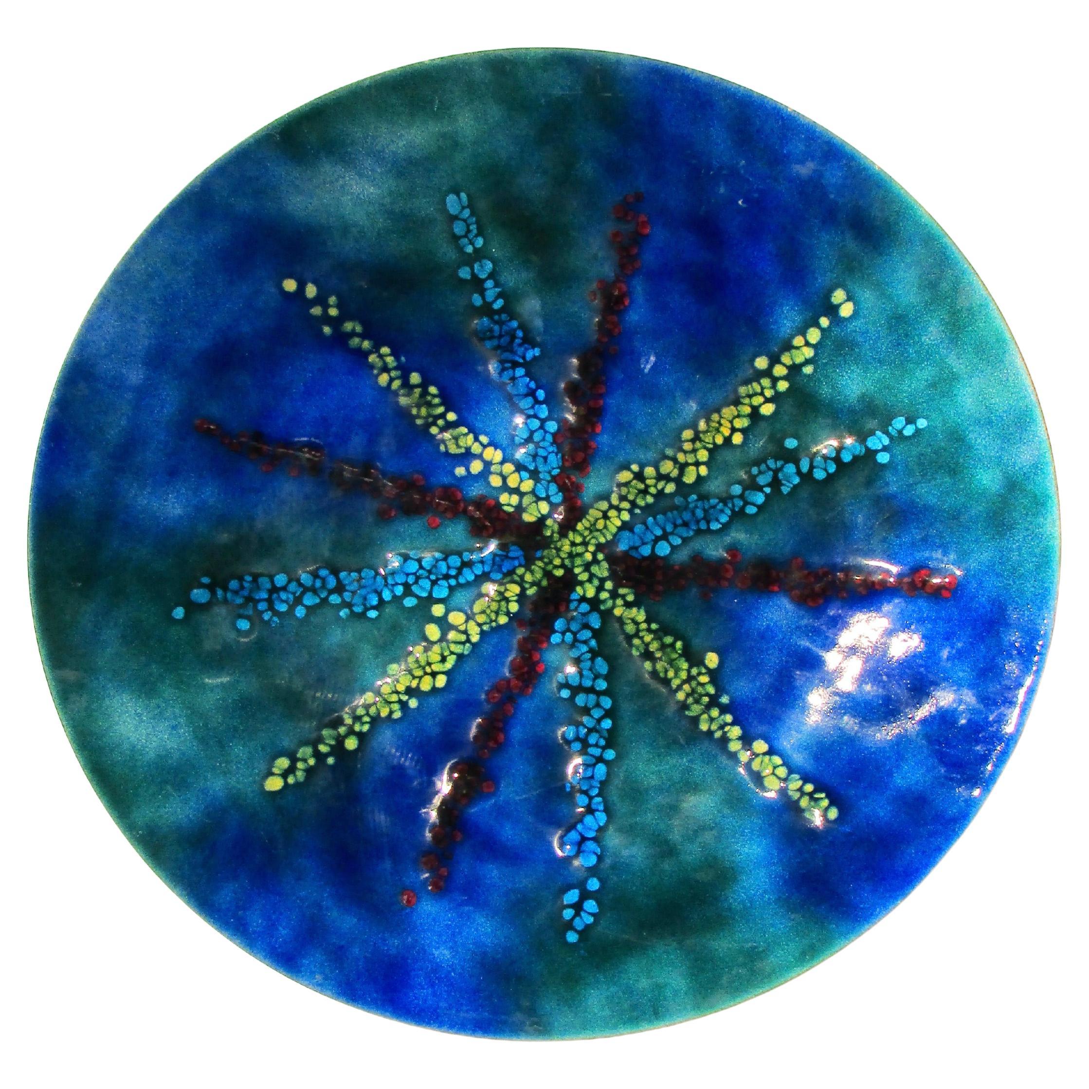 Bovano bright iridescent fused glass on copper charger or serving try  For Sale