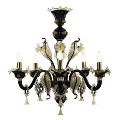Luxury Venetian style Chandelier 5arms Black and gold Murano Glass by Multiforme