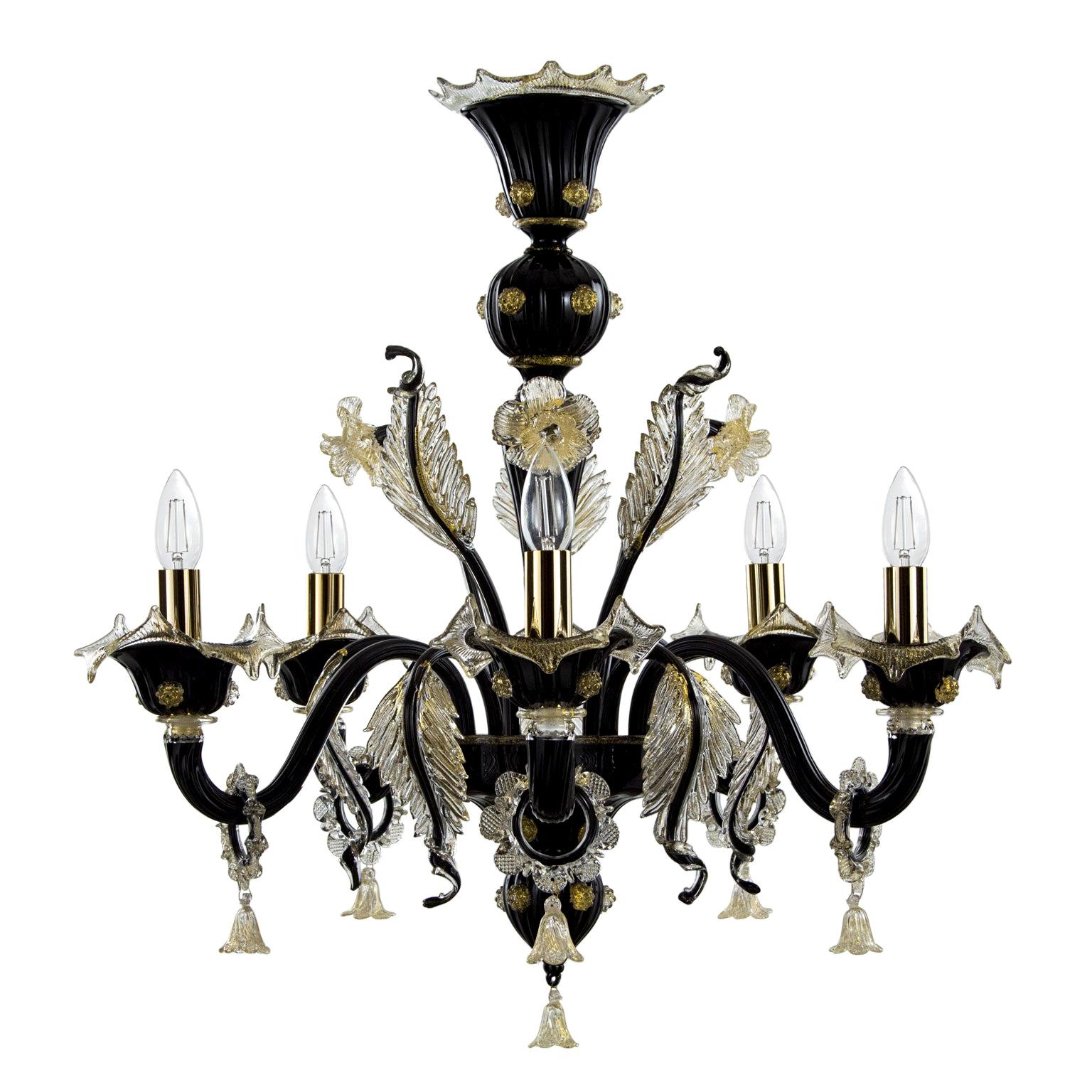 Luxury Venetian style Chandelier 5arms Black and gold Murano Glass by Multiforme For Sale
