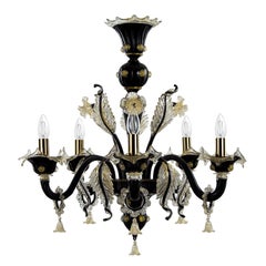 Luxury Venetian style Chandelier 5arms Black and gold Murano Glass by Multiforme