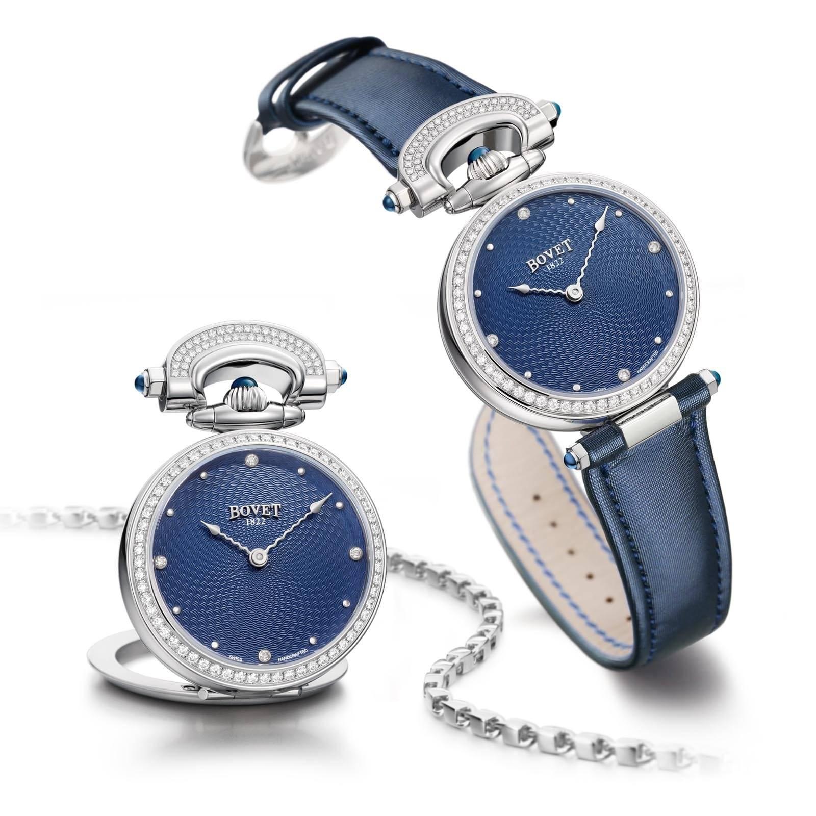 A brand new Bovet 1822 Miss Audrey round stainless steel and diamonds lady convertible wristwatch and pocket watch

Amadeo® convertible system - fully Integrated Convertible Case (wristwatch, pocket watch, table clock)
The Amadeo® case allows the