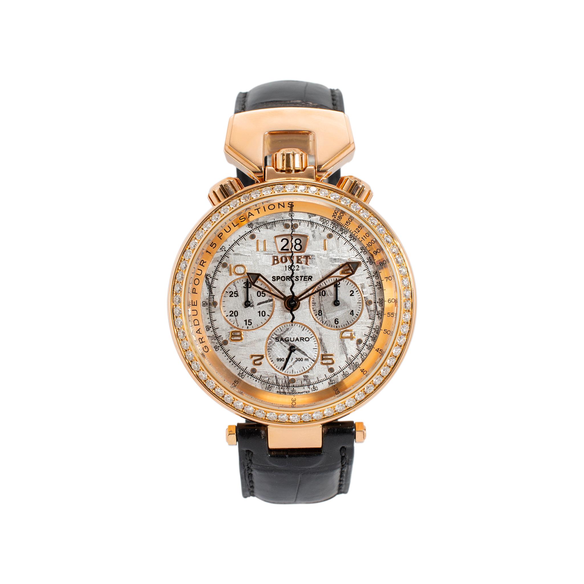 Marca: Bovet

Sexo: Hombres

Tipo de metal:Oro rosa de 18 quilates

Diámetro: 46,00 mm

Peso: 193,73 gramos

Reloj de pulsera BOVET 1822 de caballero de oro rosa de 18 quilates con diamantes, de fabricación suiza, con caja original. Grabado con