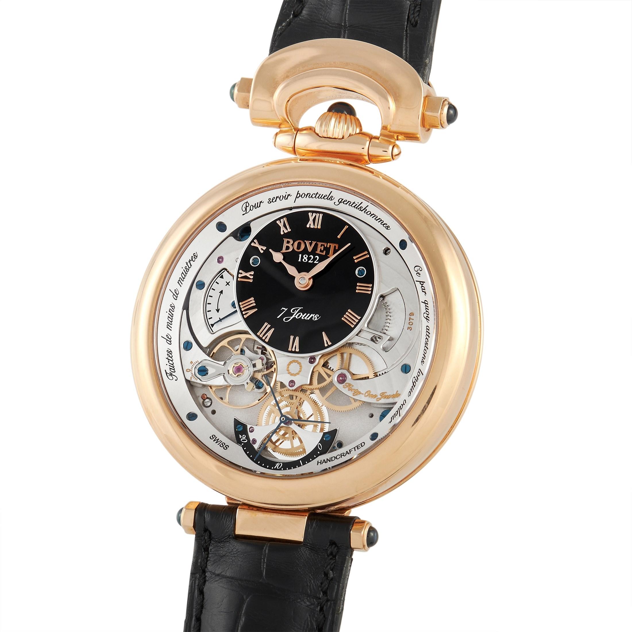 Renowned for its distinctive design, the Bovet Fleurier Complications Monsieur Watch AI43003 features two dials. The one with black dial features fine gold Roman numerals, wavy hour and minute hands, and a seconds counter sub-dial with a distinctly