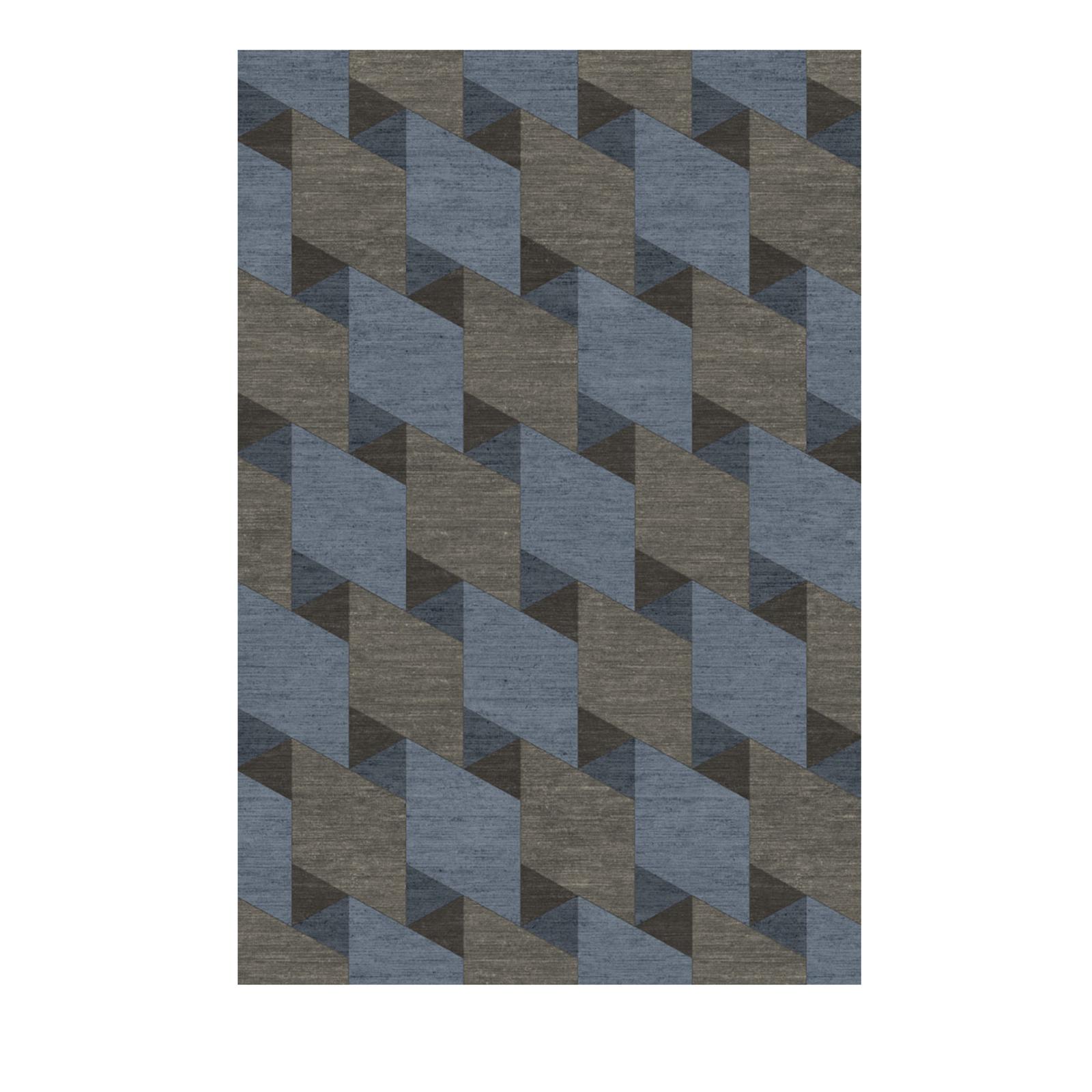 Simple yet chic, this refined rug will suit any modern or traditional style. The piece showcases a precise, three-dimensional geometric design formed with alternating rows of large royal-blue and ash-gray squares and smaller, beveled black squares.