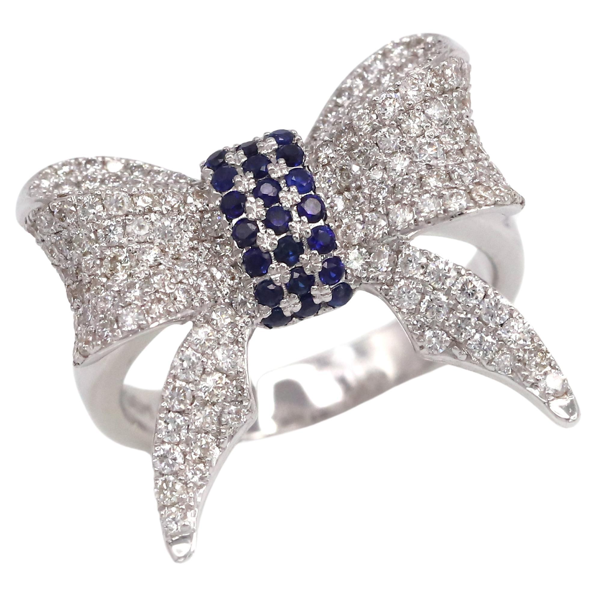 Bow Blue Sapphire Diamond 18K White Gold Exclusive Ring For Her For Sale