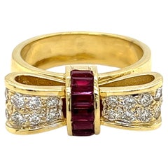 Bow Design Ruby and Diamond Ring in 18K Yellow Gold