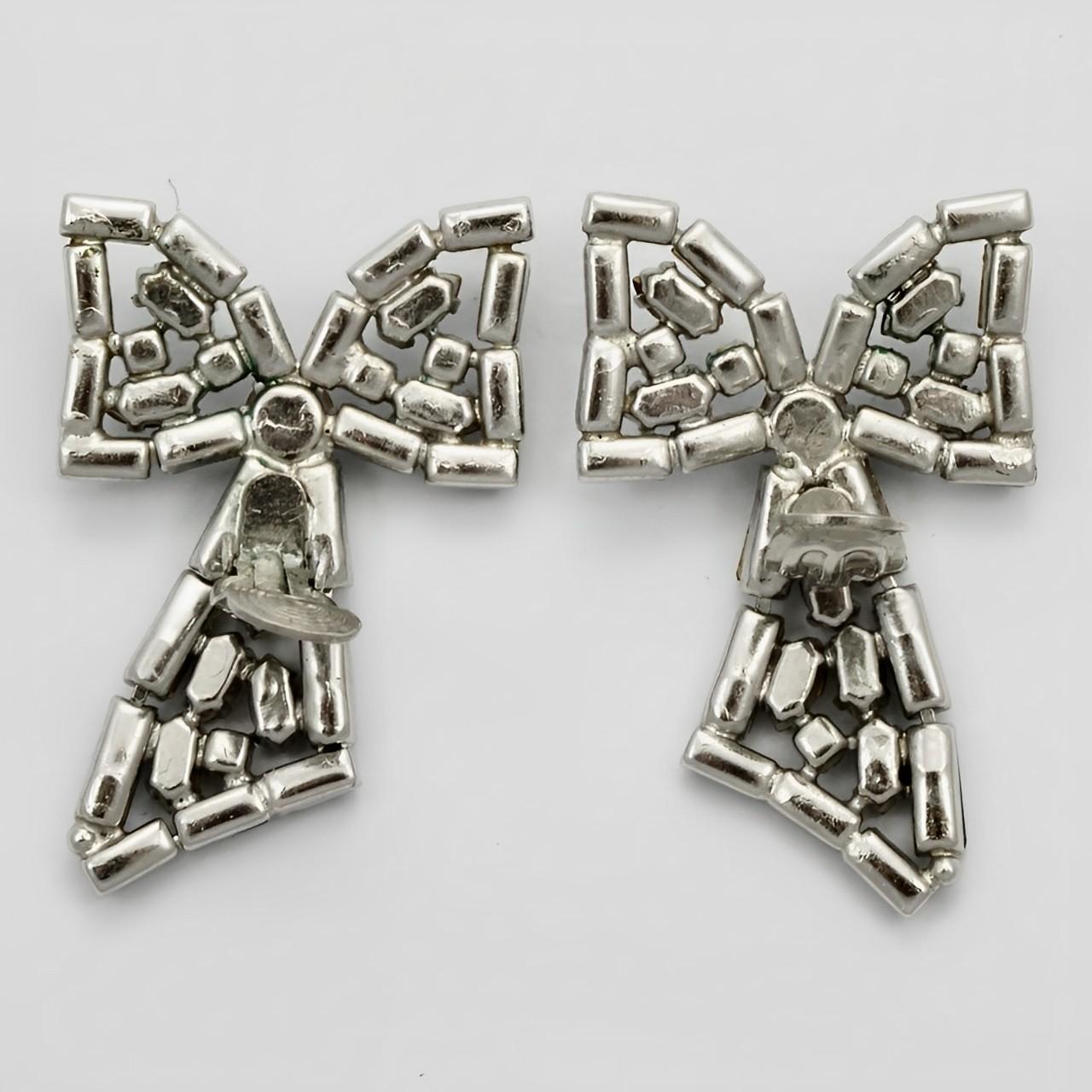 Bow Design Silver Plated Clip On Earrings with Clear and Mid Blue Rhinestones In Good Condition For Sale In London, GB