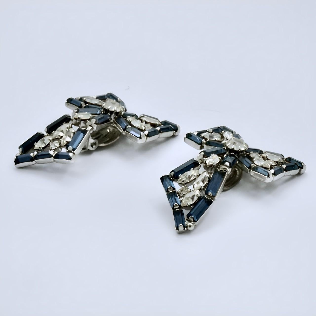 Women's or Men's Bow Design Silver Plated Clip On Earrings with Clear and Mid Blue Rhinestones For Sale