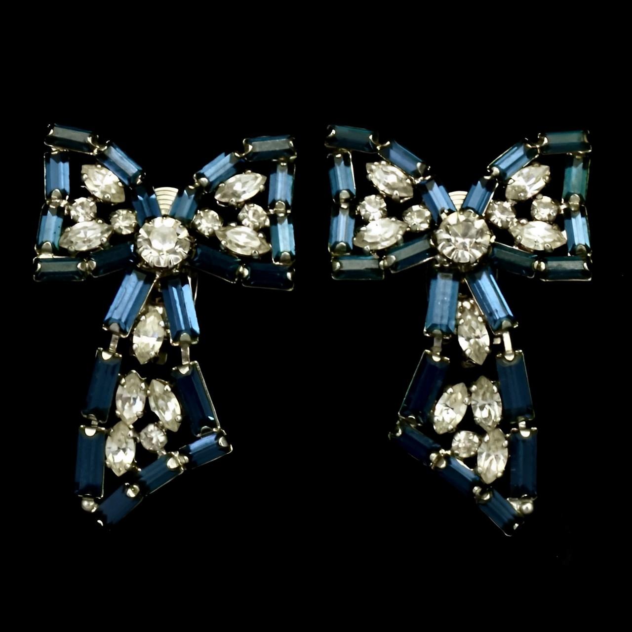 Bow Design Silver Plated Clip On Earrings with Clear and Mid Blue Rhinestones For Sale 1