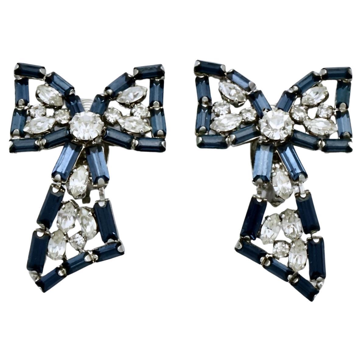 Bow Design Silver Plated Clip On Earrings with Clear and Mid Blue Rhinestones For Sale
