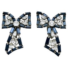 Retro Bow Design Silver Plated Clip On Earrings with Clear and Mid Blue Rhinestones