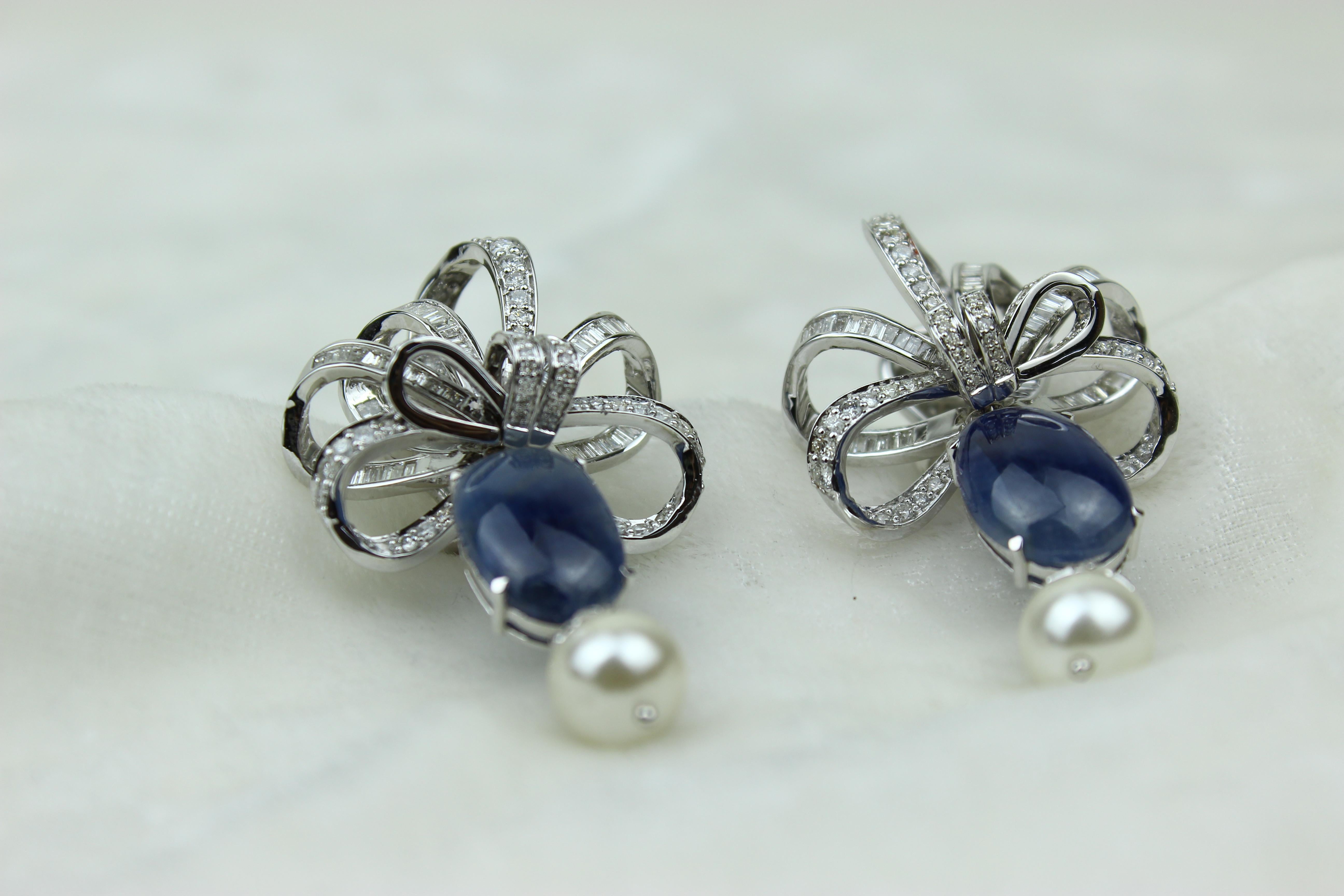 Women's Bow Design with Blue Sapphire Gemstone Dangle Drop Earrings in 18k Solid Gold