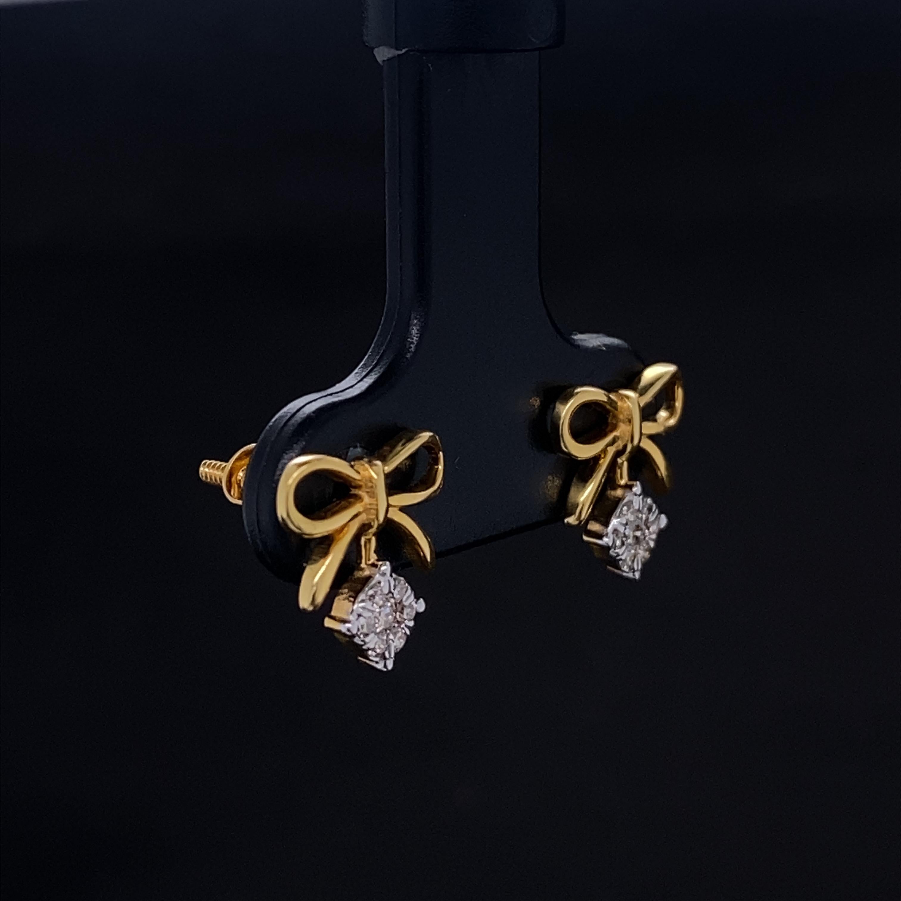 Art Deco Bow Diamond Earrings for Girls (Kids/Toddlers) in 18K Solid Gold For Sale