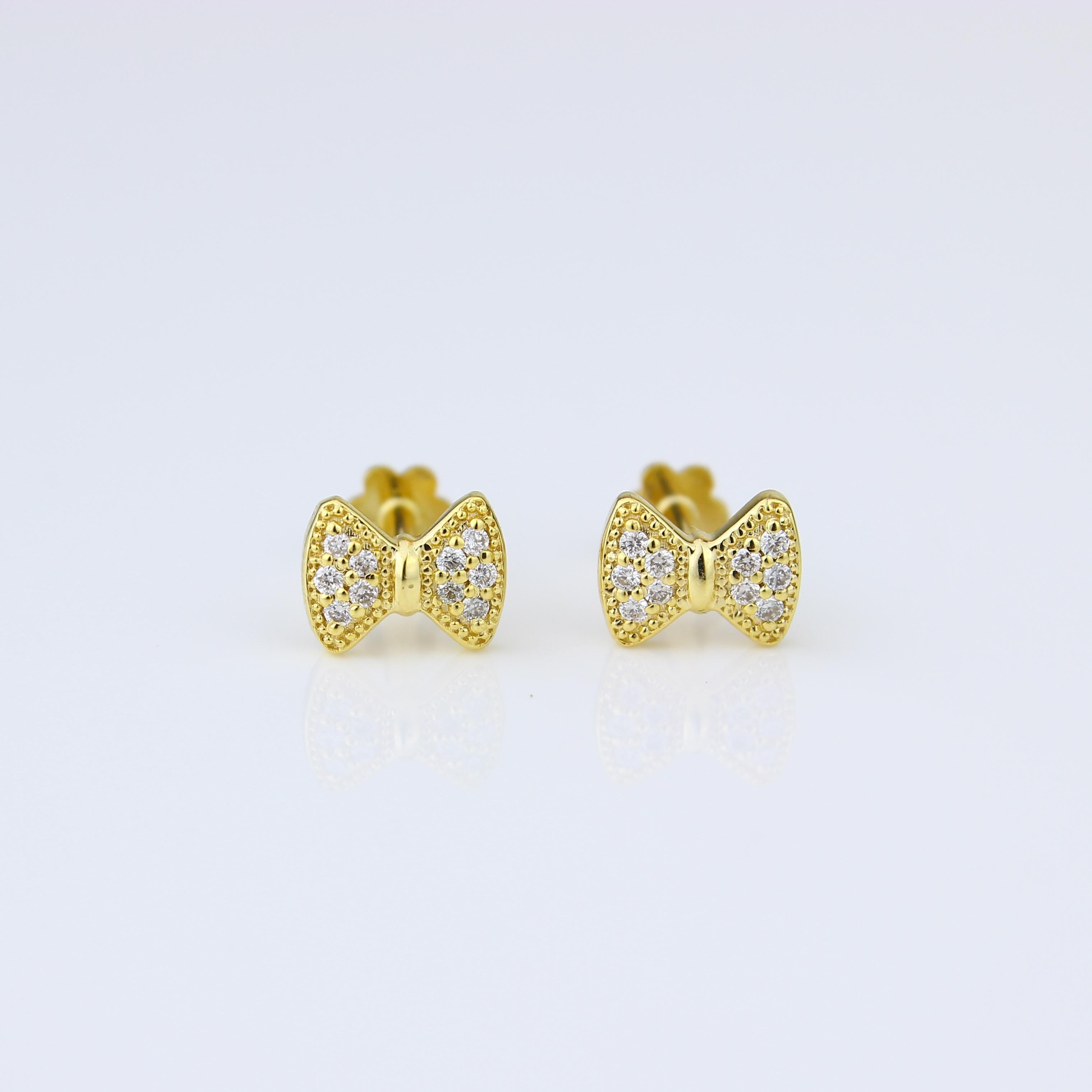 Diamant-Ohrringe mit Schleife für Mädchen (Kinder/Toddlers) aus 18 Karat massivem Gold (Art déco) im Angebot