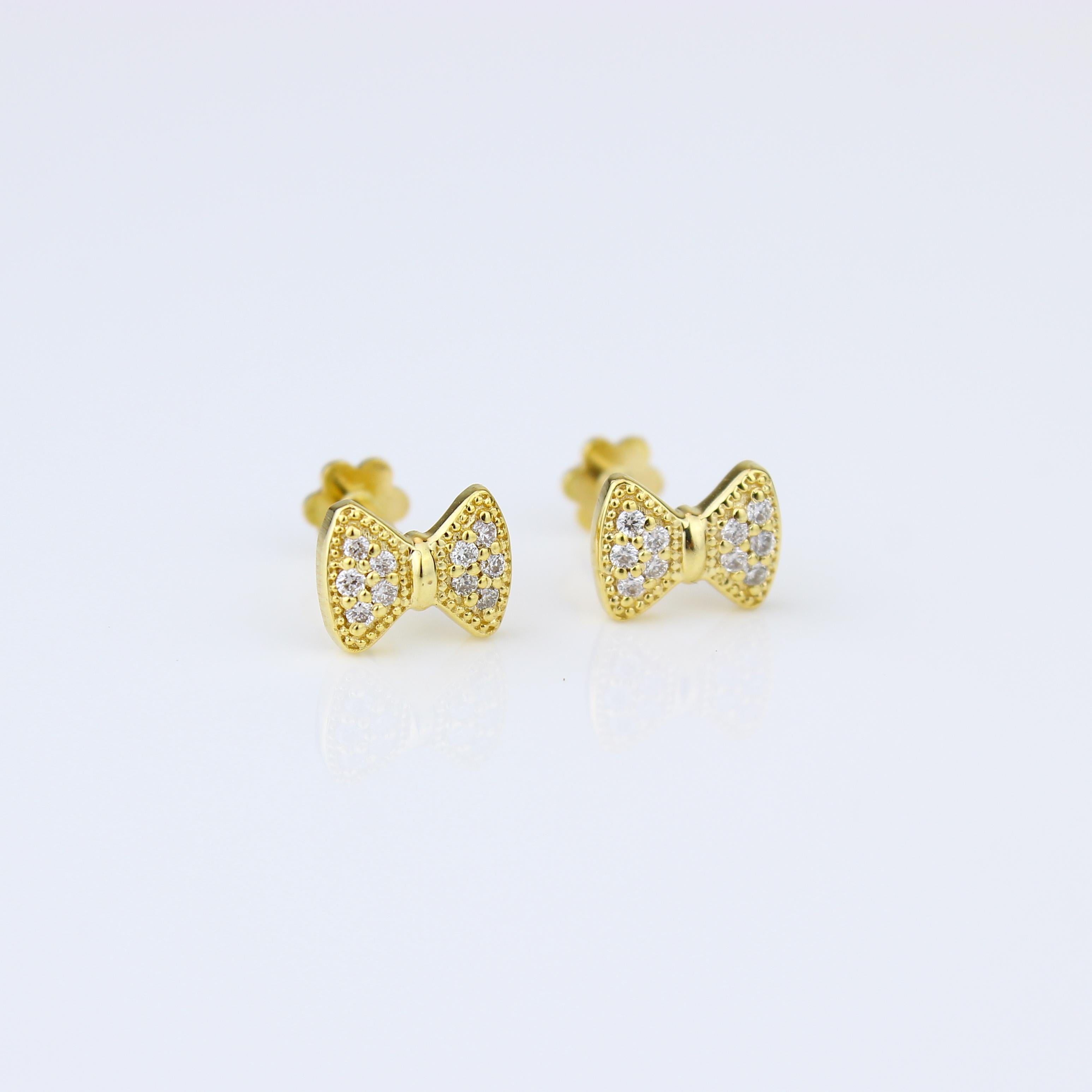 Art Deco Bow Diamond Earrings for Girls (Kids/Toddlers) in 18K Solid Gold For Sale