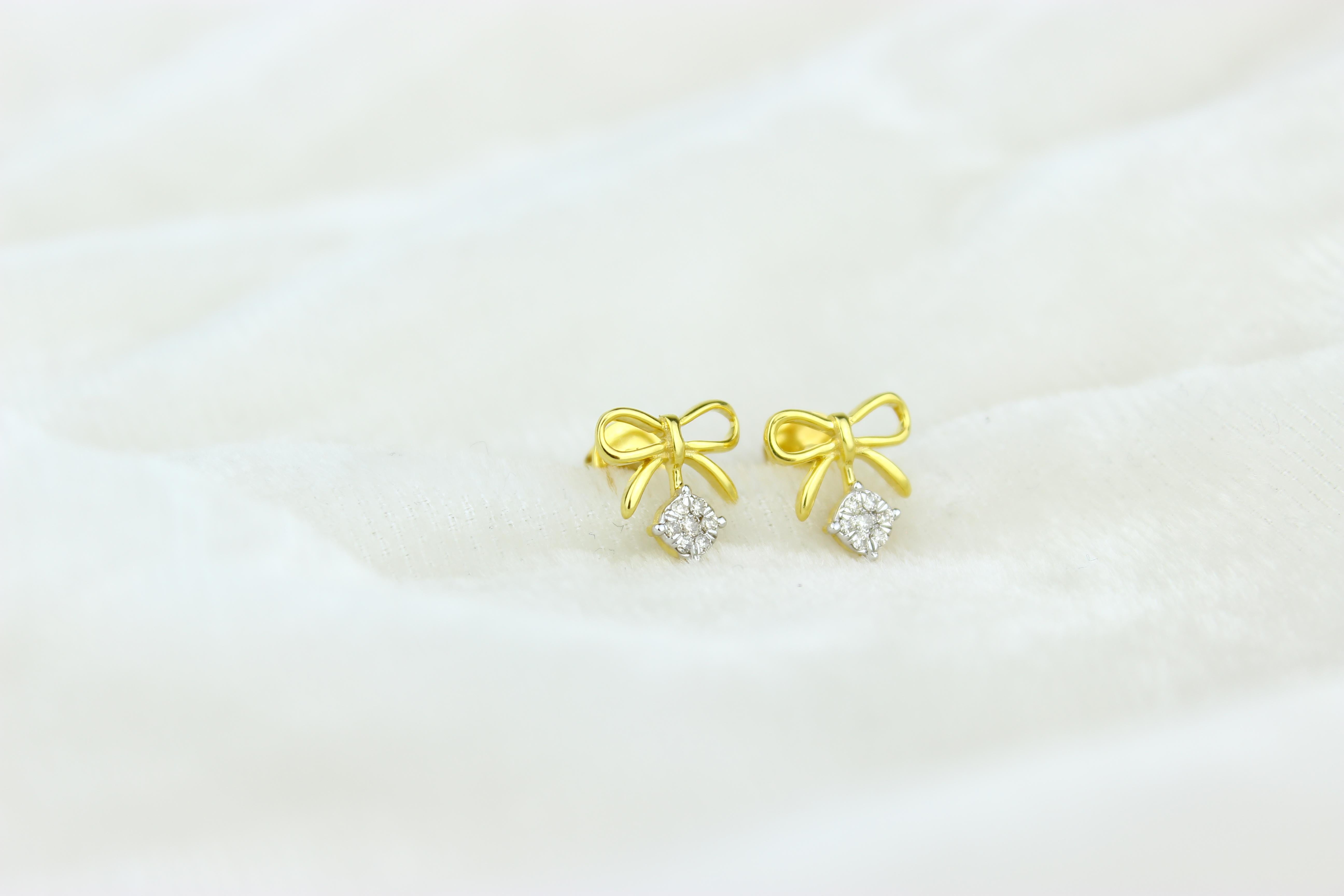 Bow Diamond Earrings for Girls (Kids/Toddlers) in 18K Solid Gold For Sale 3