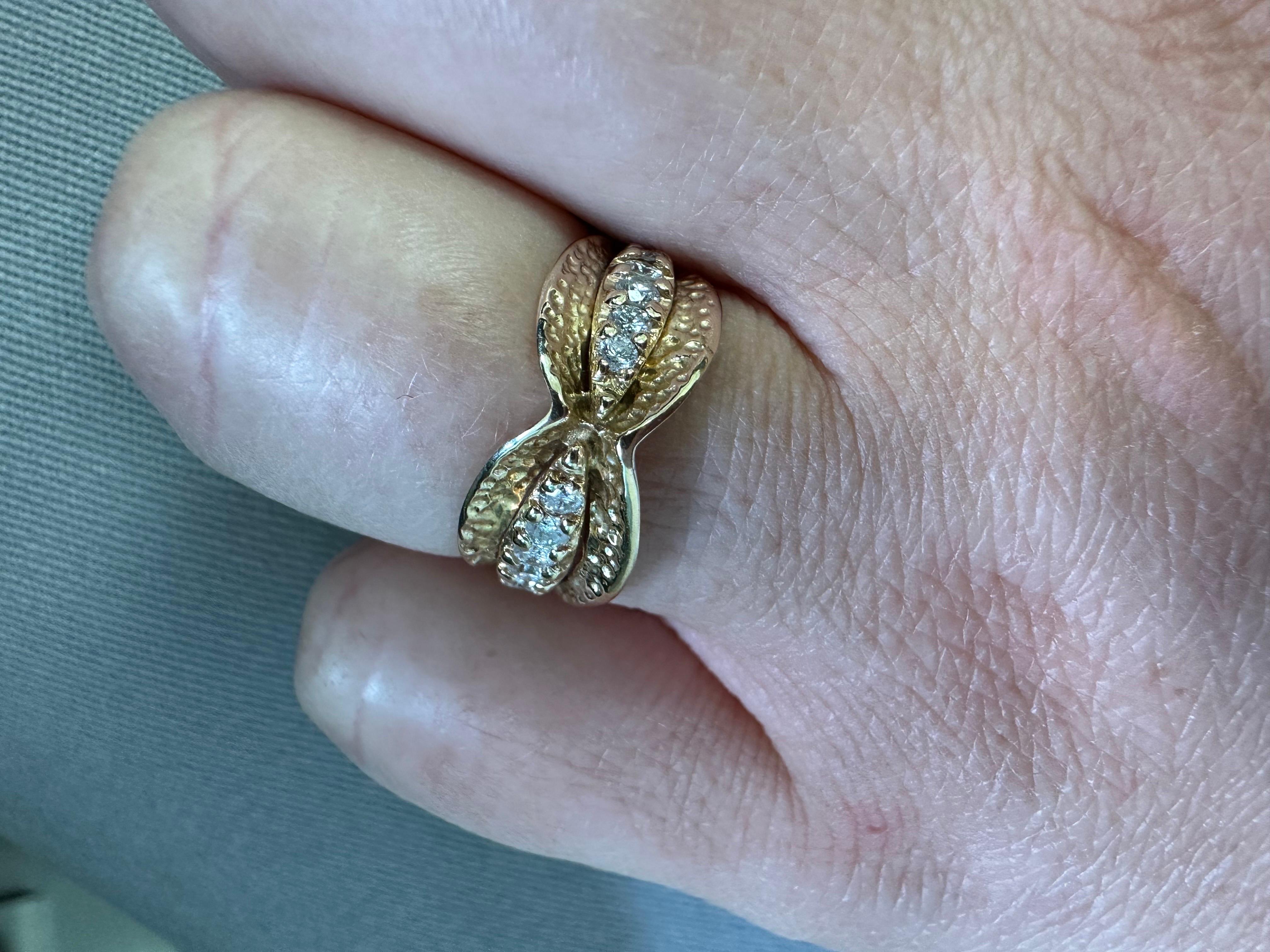 Women's or Men's Bow diamond ring 14KT yellow gold Hand finish with hammer stunning! For Sale