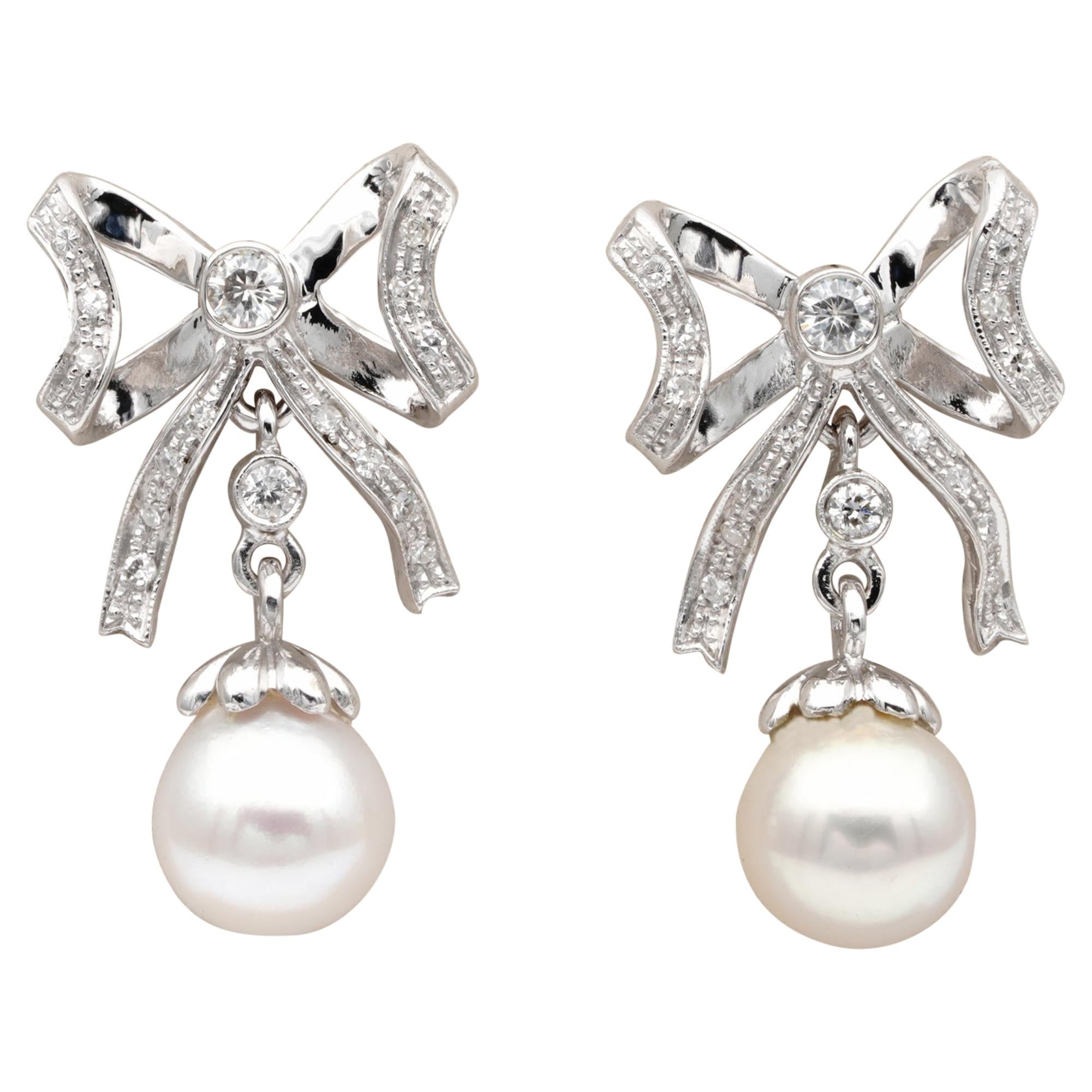 Bow Earrings .60 Carat Diamond, Cultured Sea Pearl 18 Karat Gold Earrings For Sale