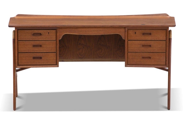 Mid-Century Modern Bow Edge Desk in Teak + Cane by Svend Aage Madsen For Sale