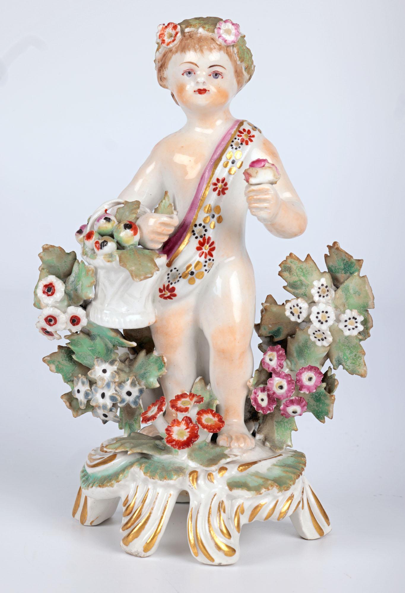 Mid-18th Century Bow English Porcelain Putto Figure With Flowers For Sale